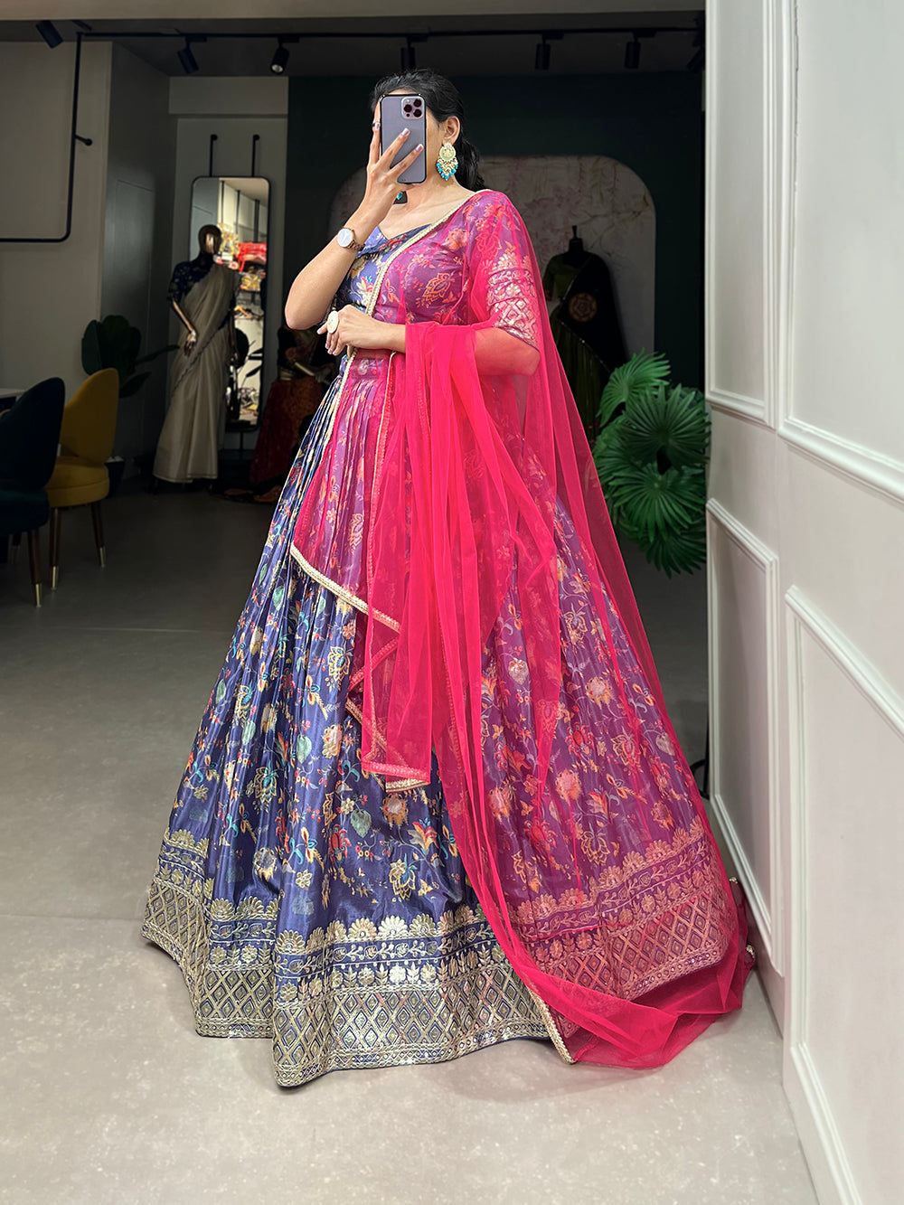 Lavender Color Digital Printed Sequins And Embroider Work Chinon Weeding Lehenga Choli