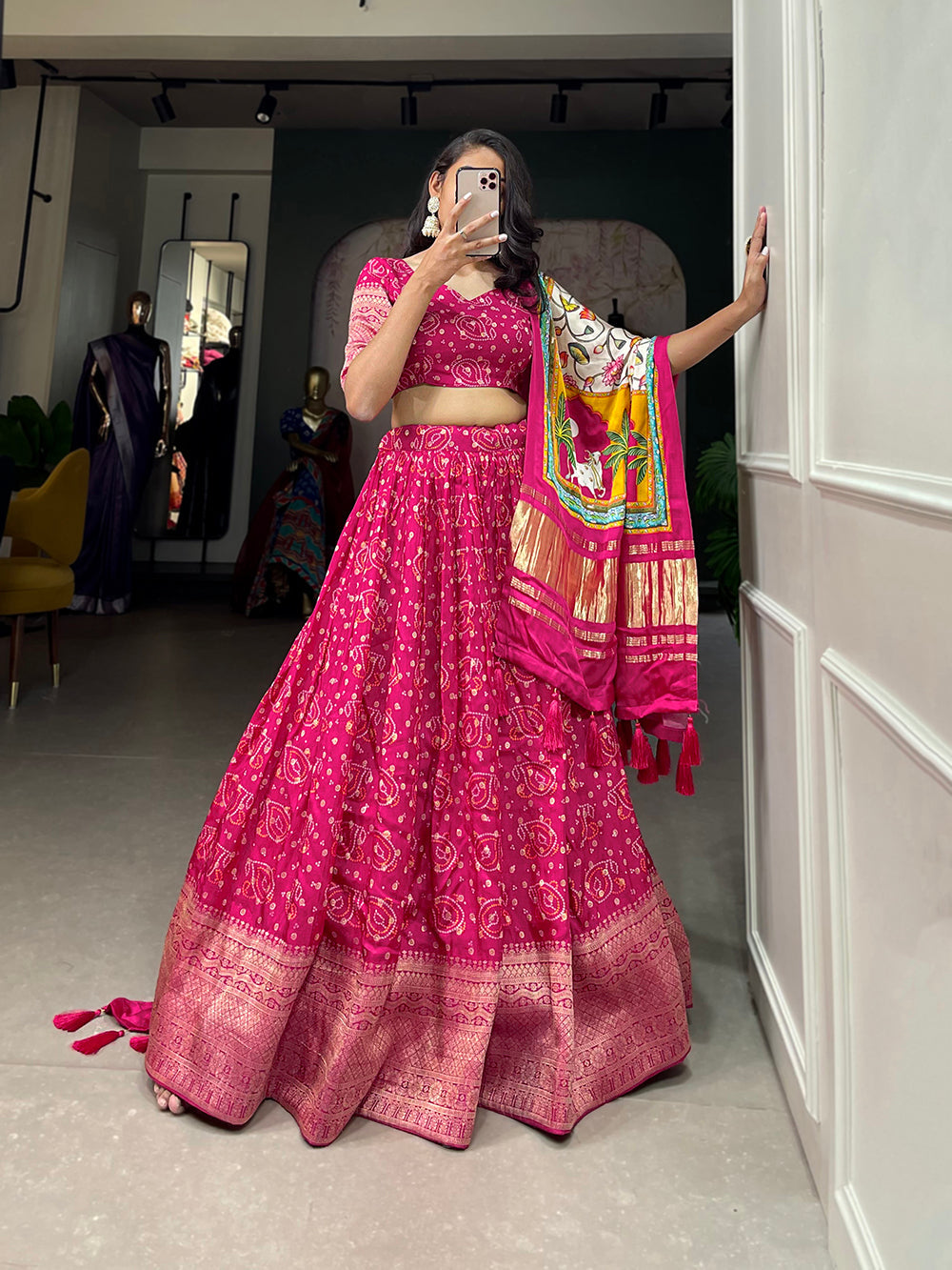 Pink Color Printed With Zari Weaving Work Viscose Dola Silk Lehenga Choli