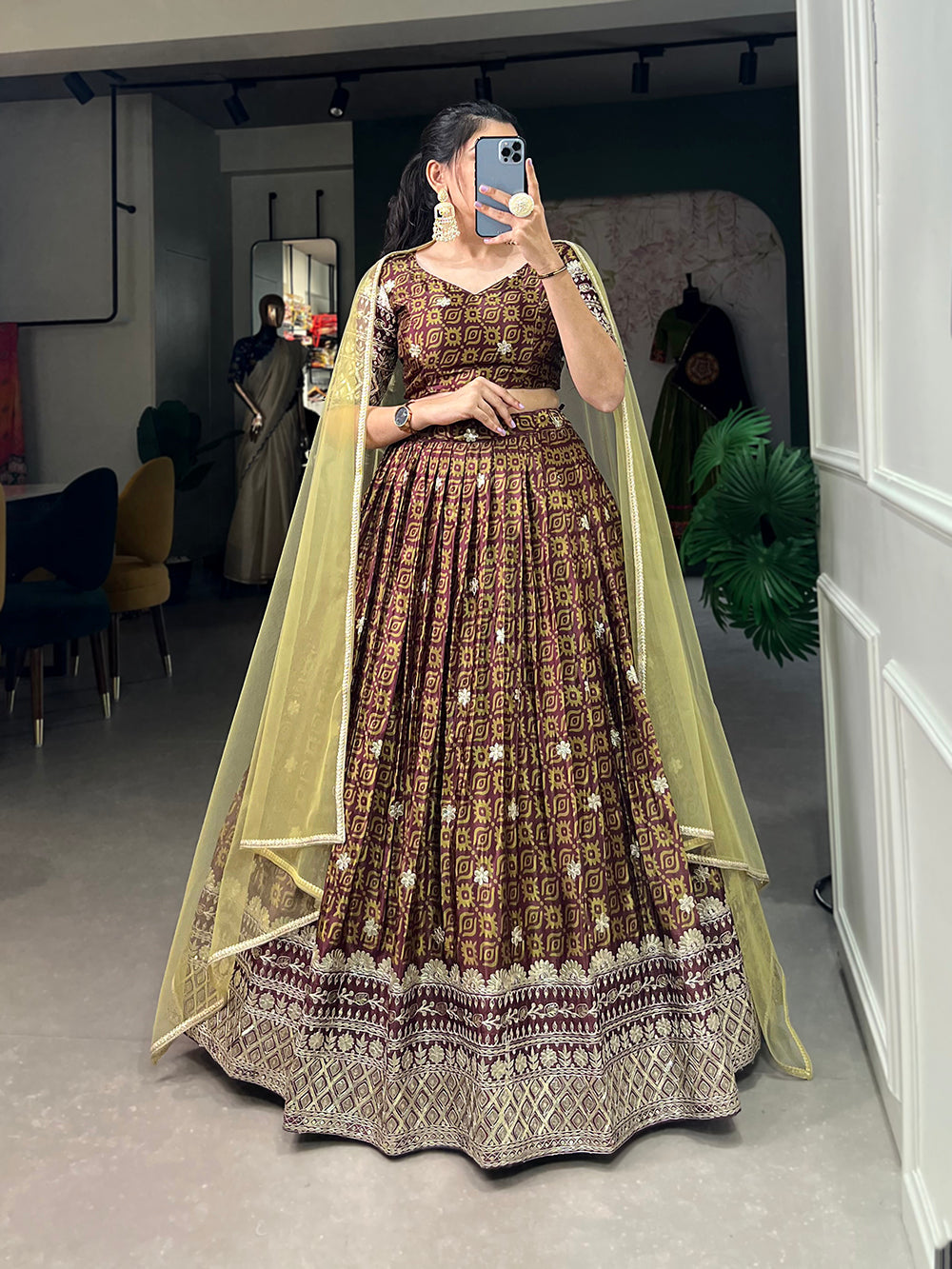 Brown Color Digital Printed Sequins And Embroider Work Chinon Indian Lehenga Choli