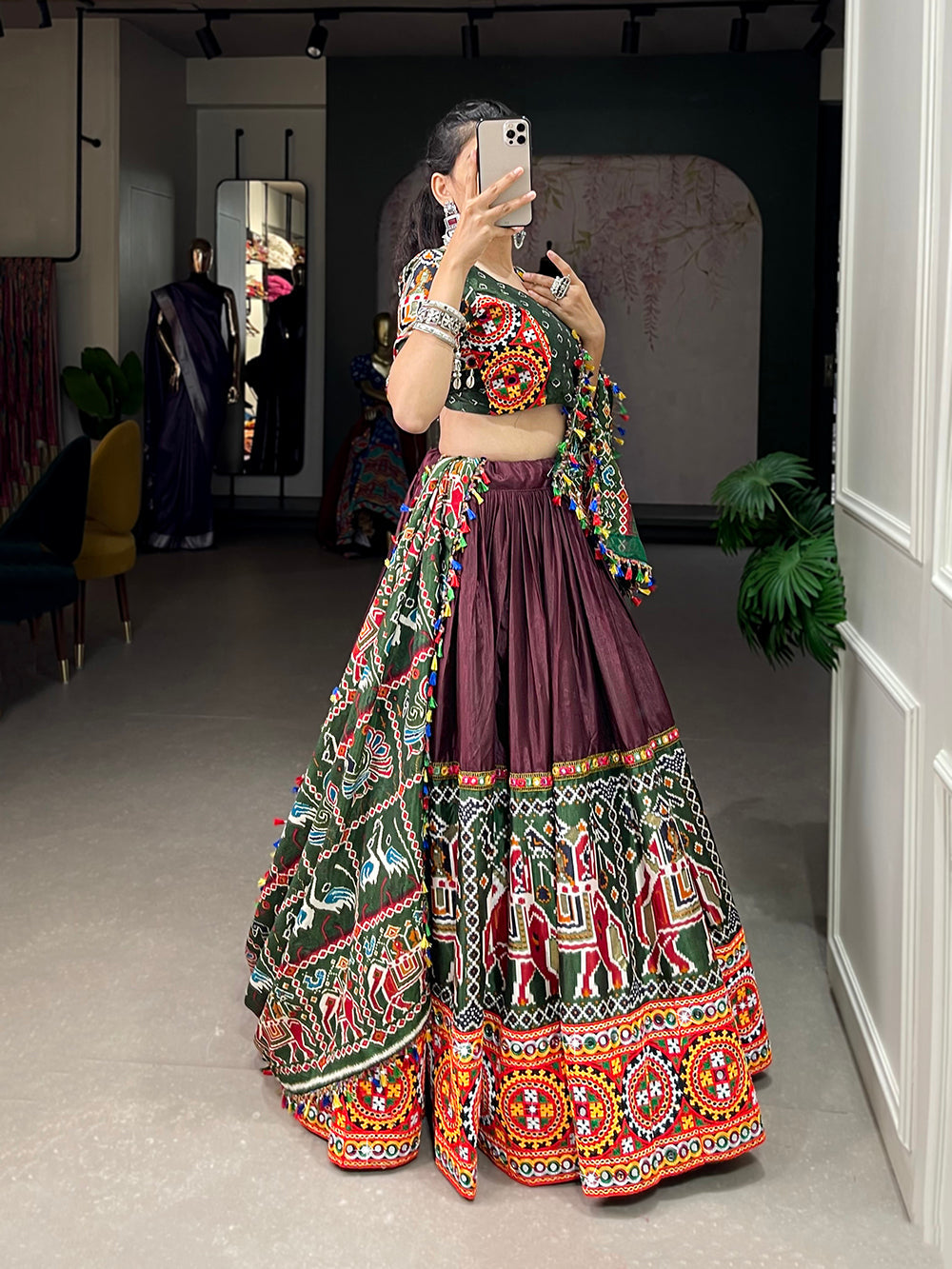 Brown Color Patola Print With Gamthi Work And Mirror Work Dola Silk Chaniya Choli