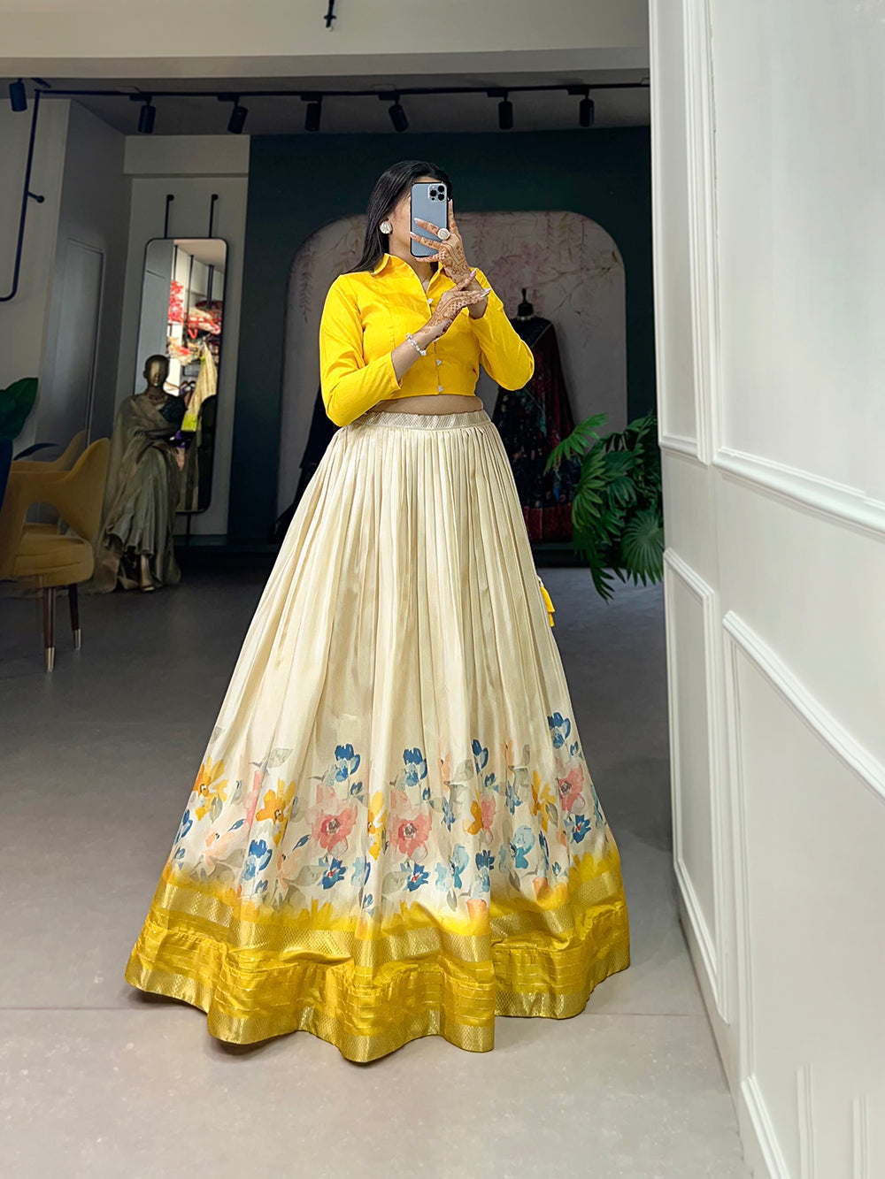 Yellow Color Floral Print With Sequins And Zari Border Dola Silk Co-ord Set Lehenga Choli