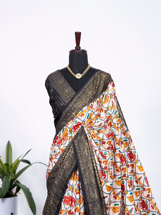 Black Color Patola Print with Foil Work Dola Silk Saree