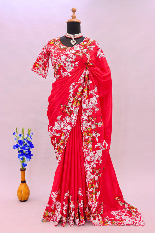 डायमंड चिनॉन सिल्क कढ़ाई वर्क साड़ी