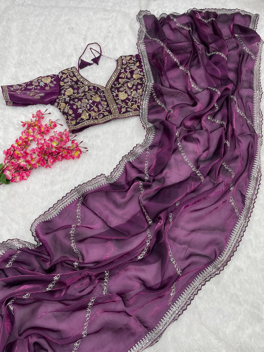 शुद्ध ज़िम्मी चू साटन वर्क साड़ी