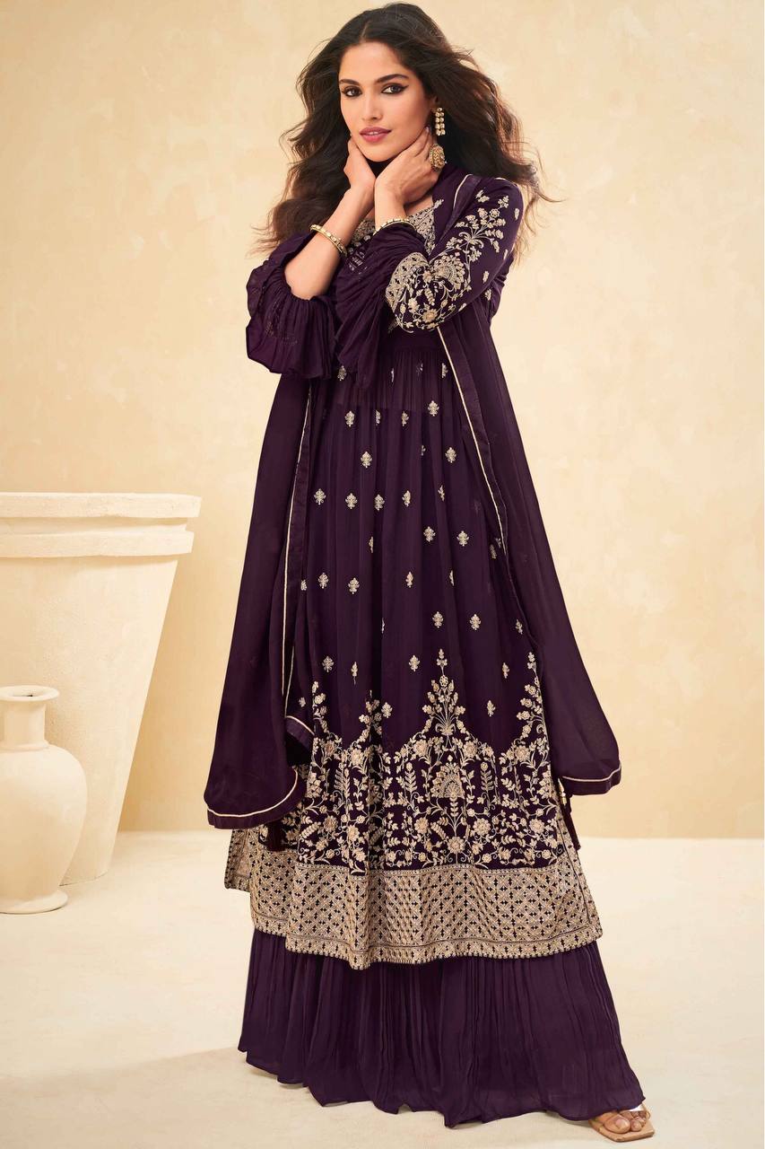 Dark Purple Sharara Indian Designer Salwar Suit Ready to Wear Salwar Kameez Palazzo Suit Wedding Sharara Suit Partywear Kameez Suit