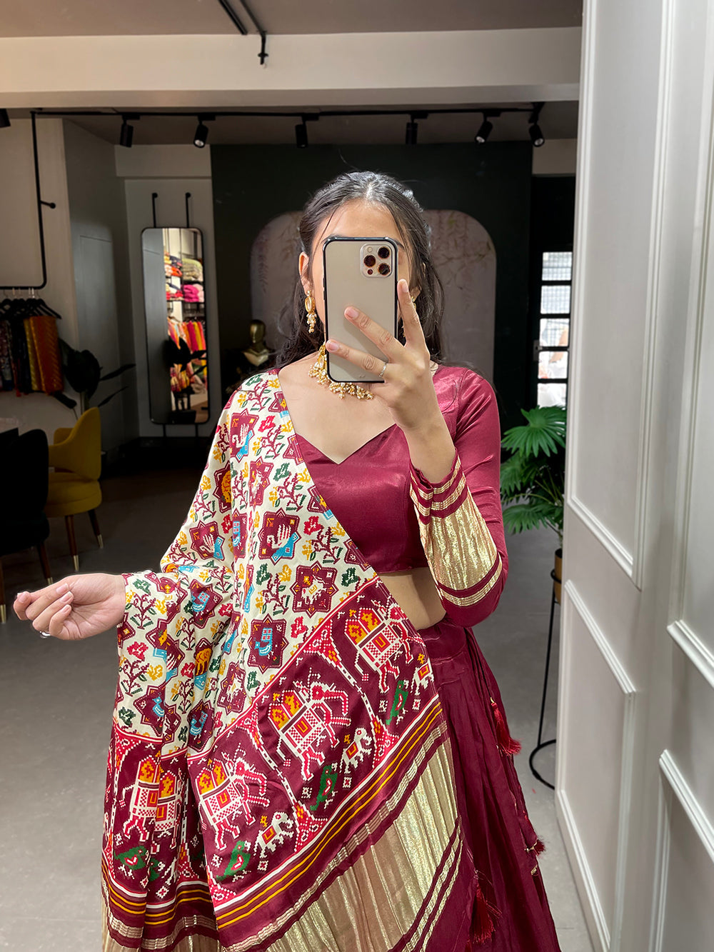 Maroon Color Dyeing With Lagdi Patta Gaji Silk Lehenga Choli