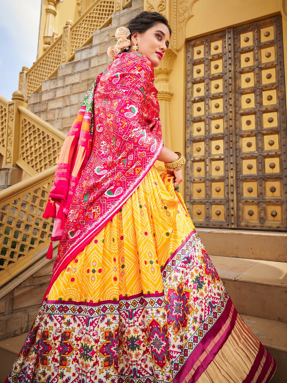 Yellow Color Digital Printed gaji Silk Lehenga