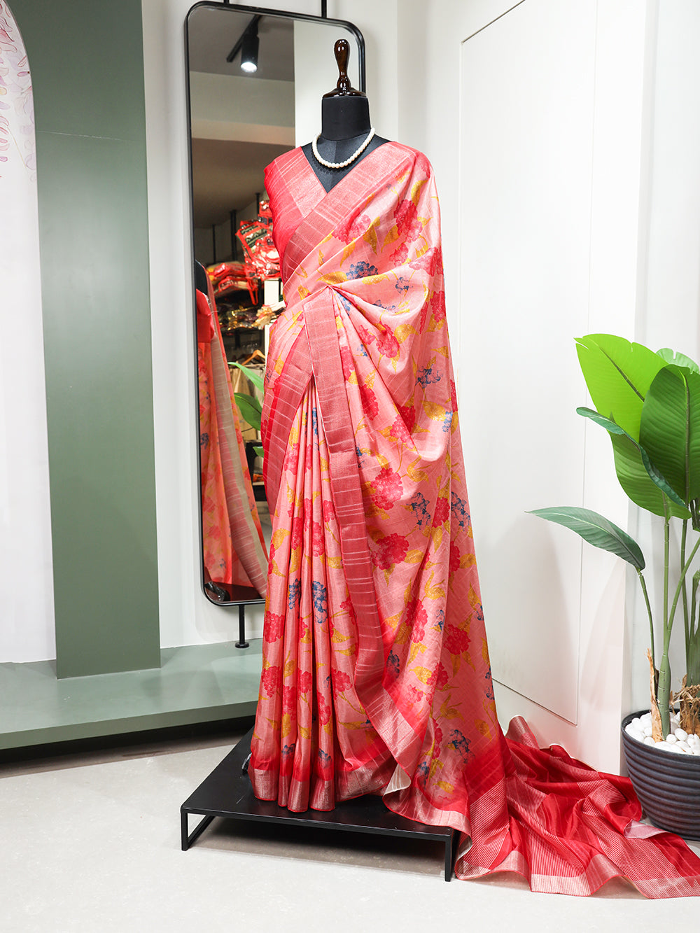 Pink Color Digital Printed Handloom Kotha Border Saree