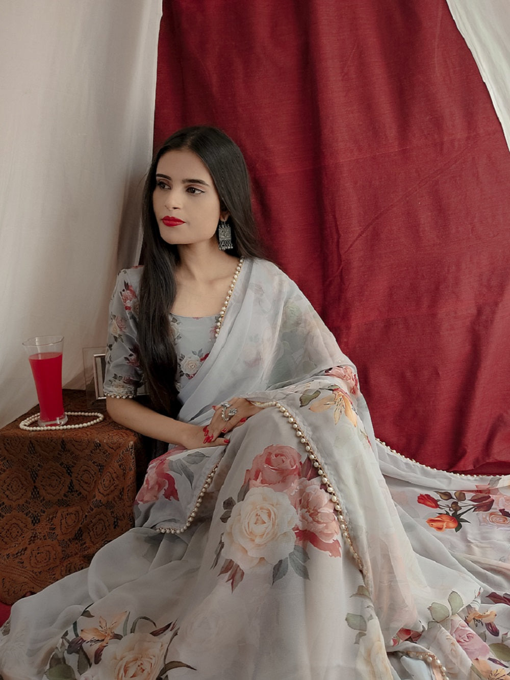 Off White Color Printed With Pearl Lace Border Georgette Saree