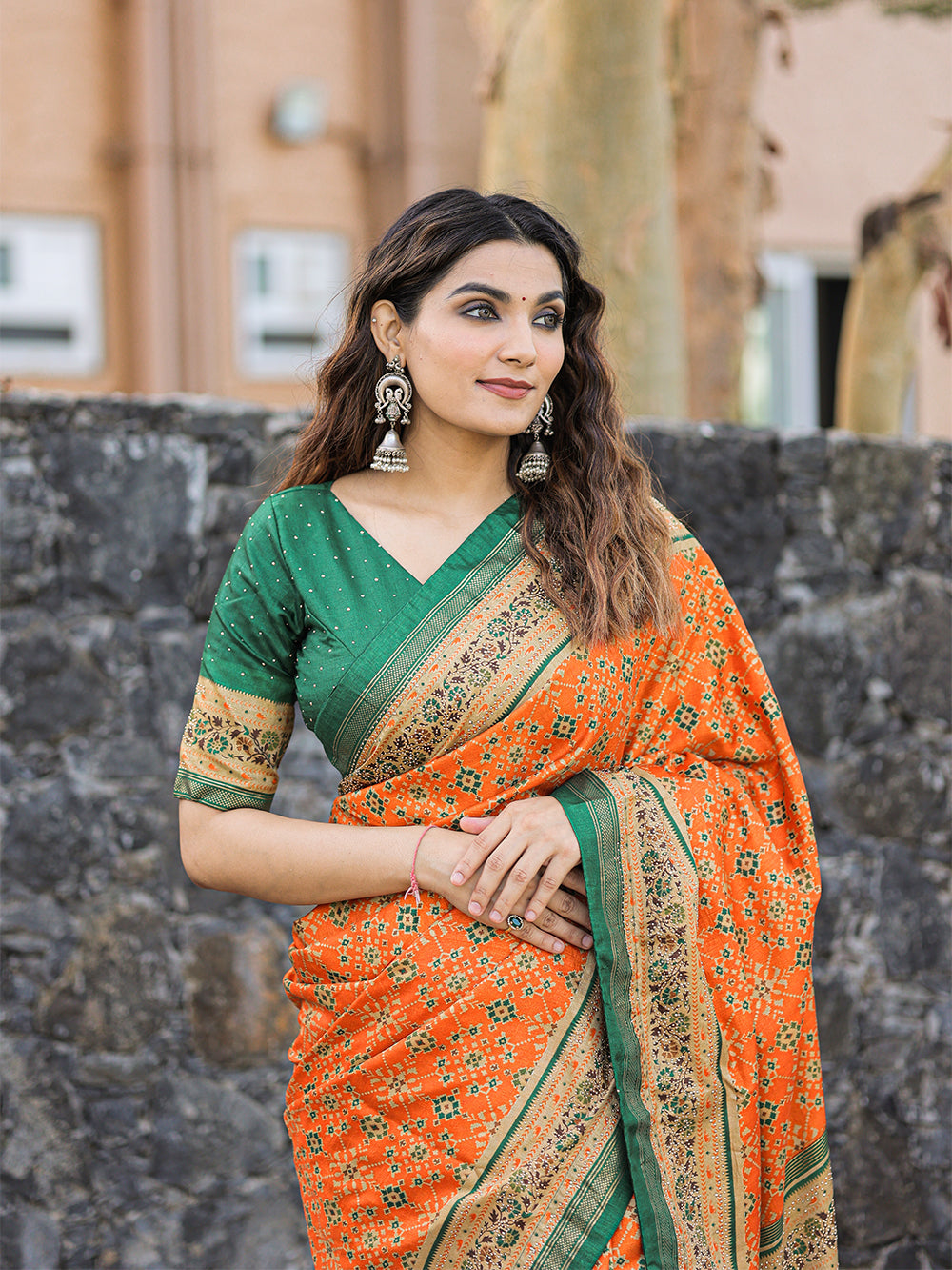 Orange Color Foil Printed And Stone Work Dola Silk Saree