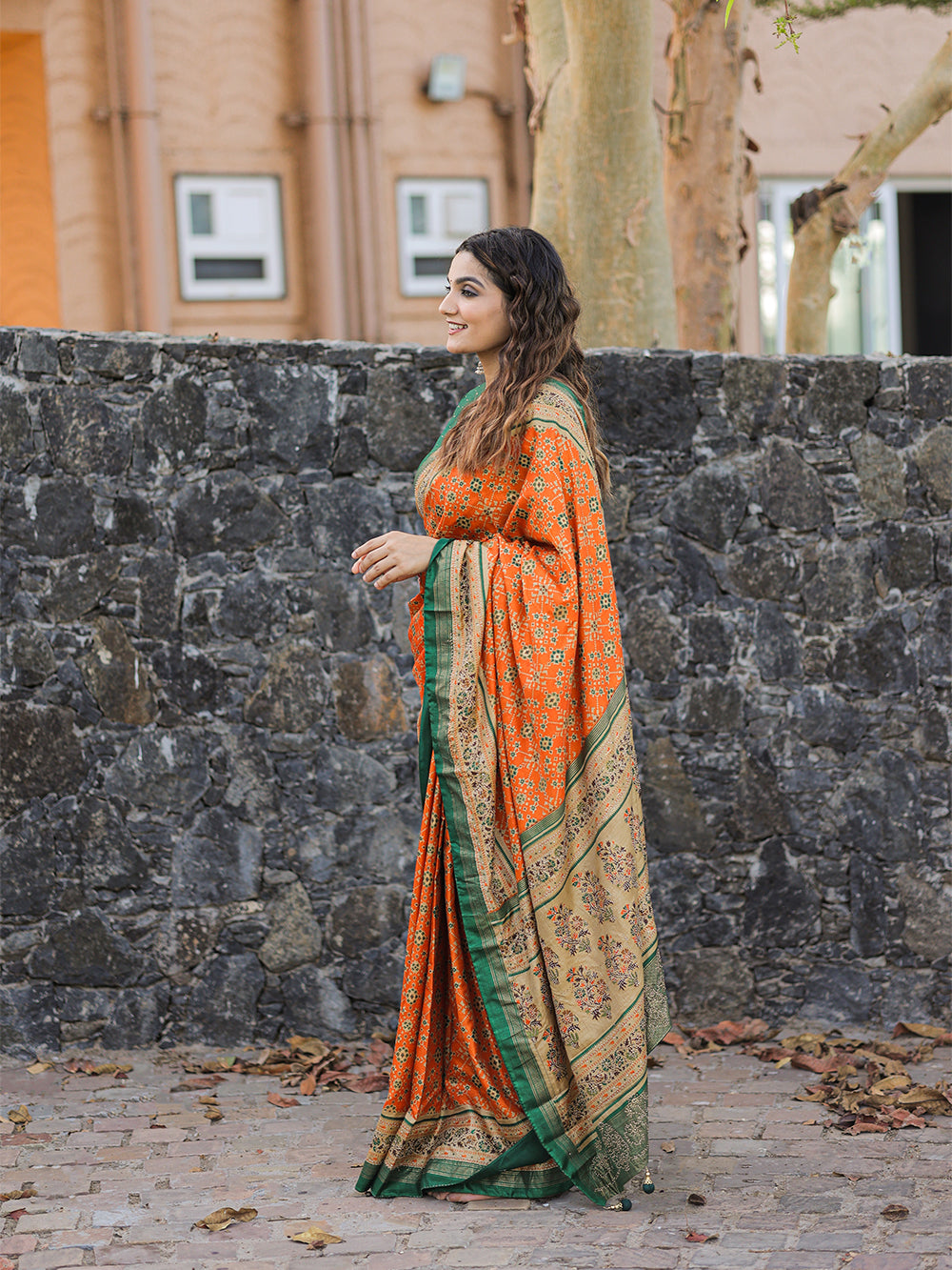 Orange Color Foil Printed And Stone Work Dola Silk Saree