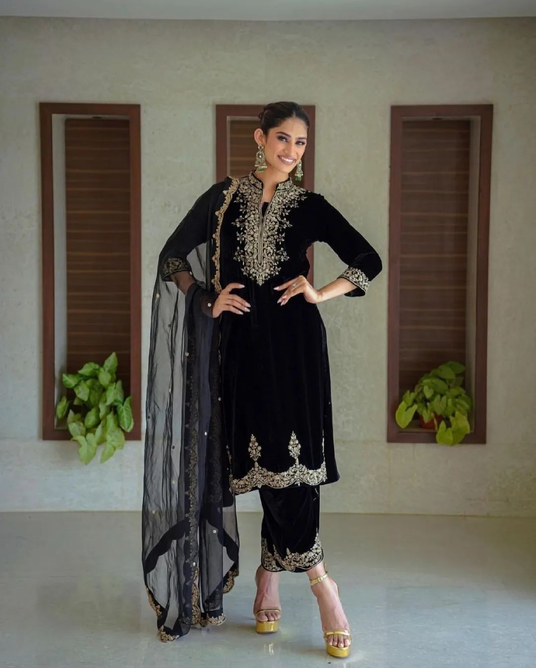 Attractive Black Designer Velvet Work Salwar Suit