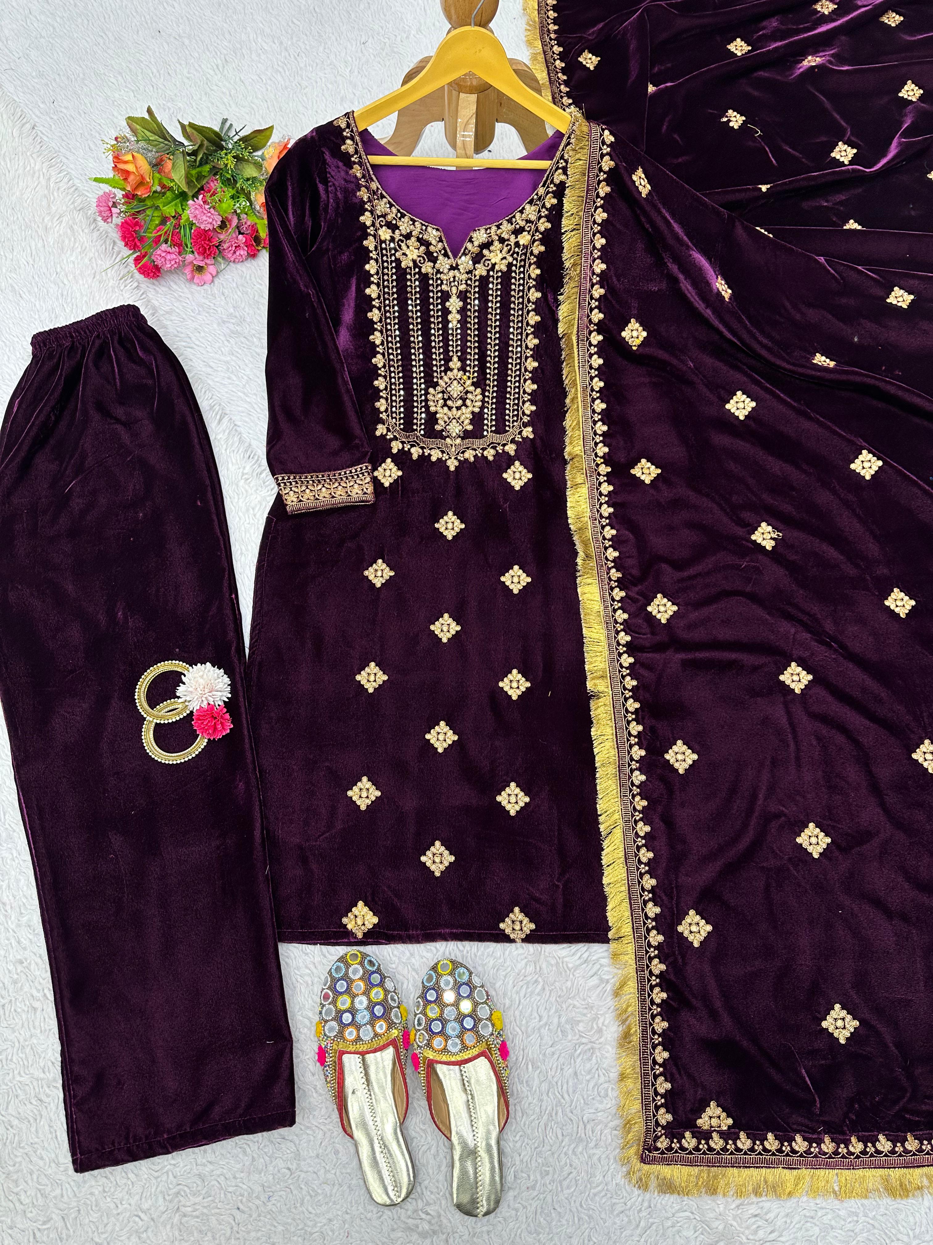 Attractive Velvet Thread Sequence Work Salwar Suit