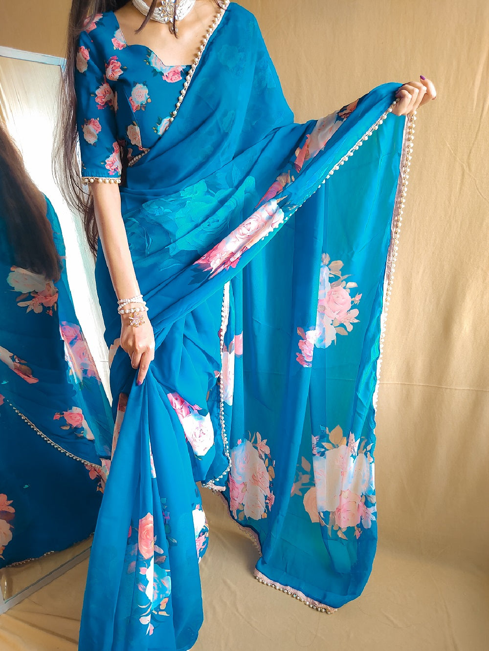 Firozi Color Printed With Peral Lace Border Georgette Stylist Saree