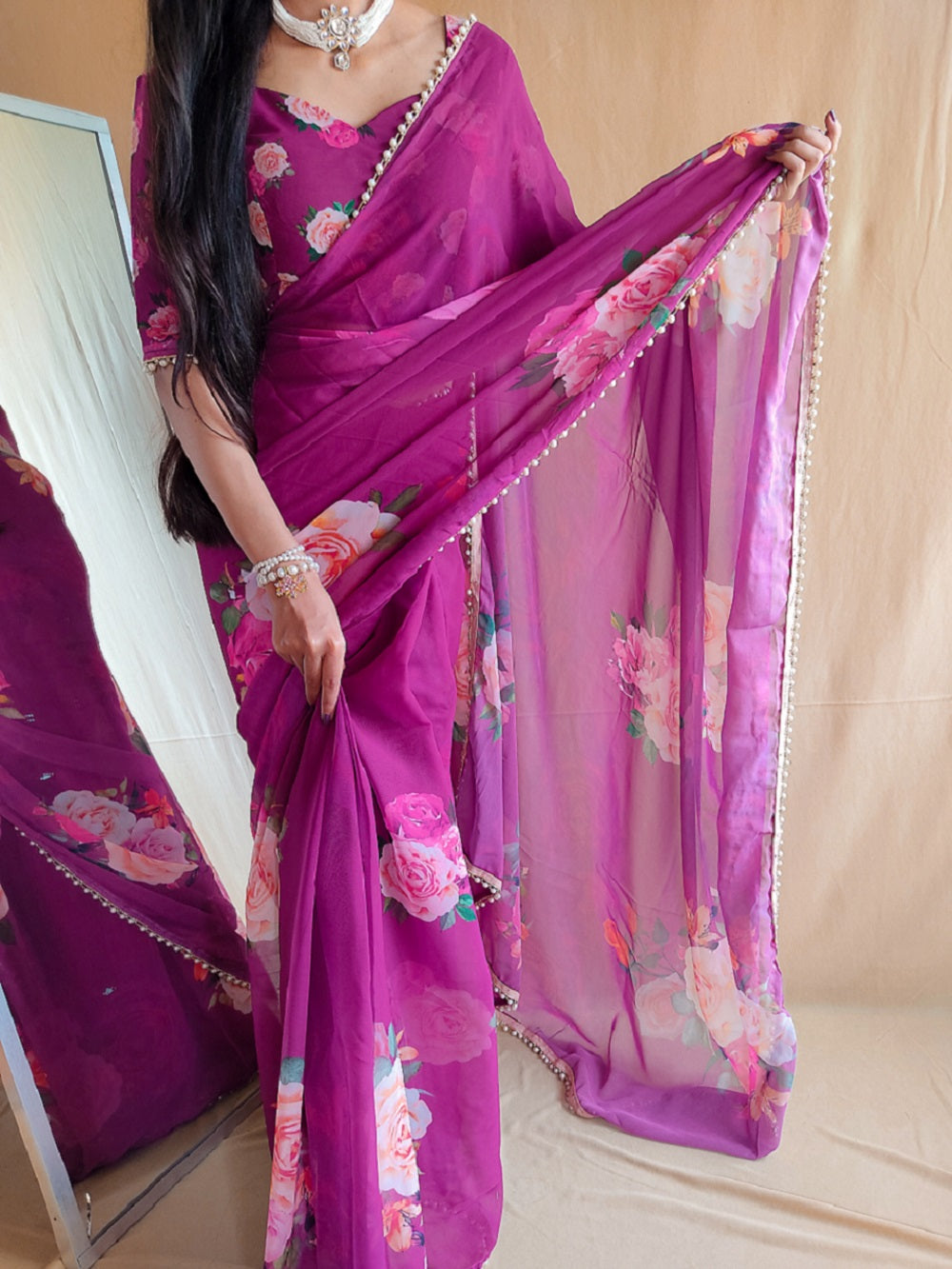 Purple Color Printed With Peral Lace Border Georgette Fancy Saree