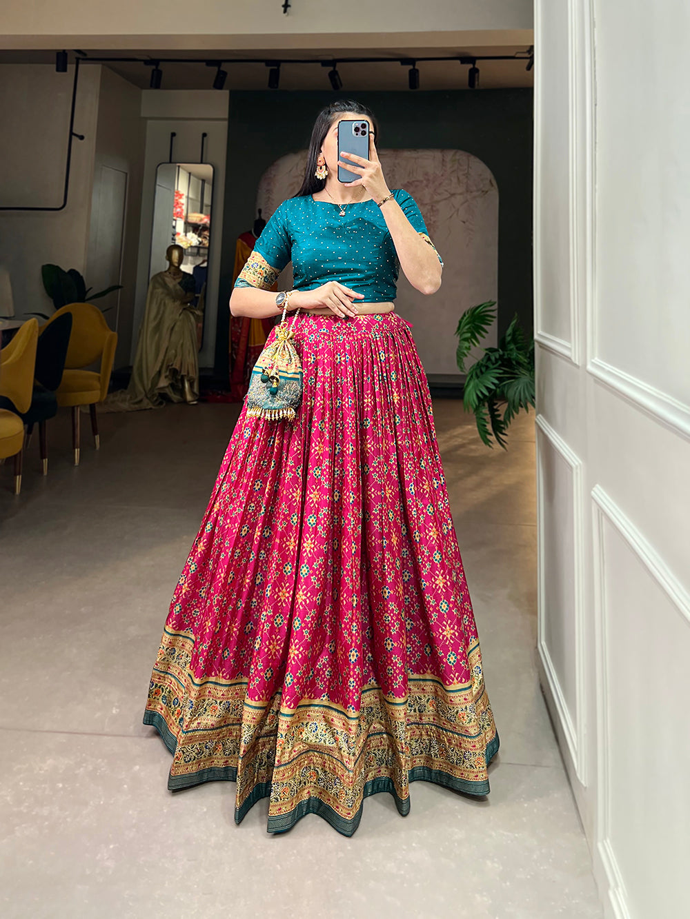 Pink Color Foil Print And Embellish Stone Work Dola Silk Co-ord Set Lehenga