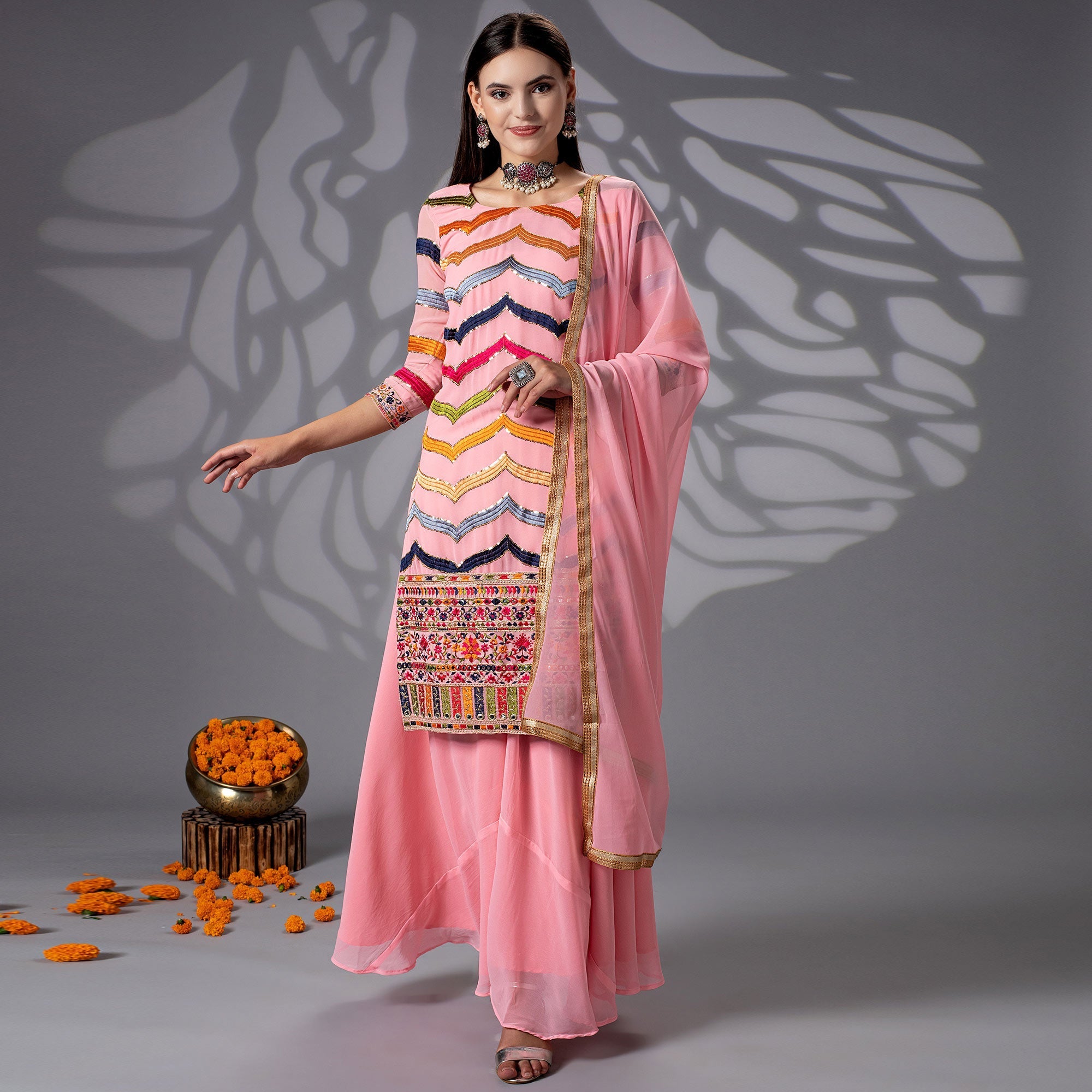 Pink Sequins Embroidered Georgette Sharara Suit