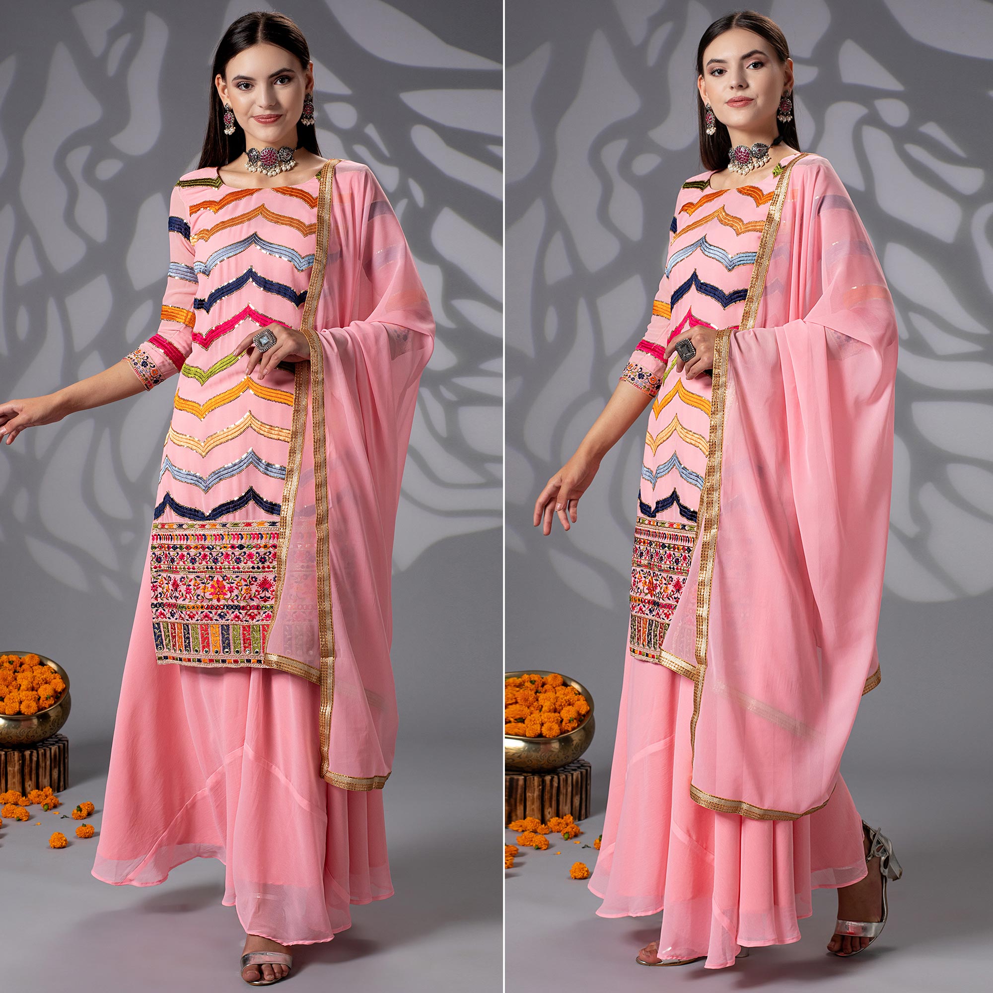 Pink Sequins Embroidered Georgette Sharara Suit