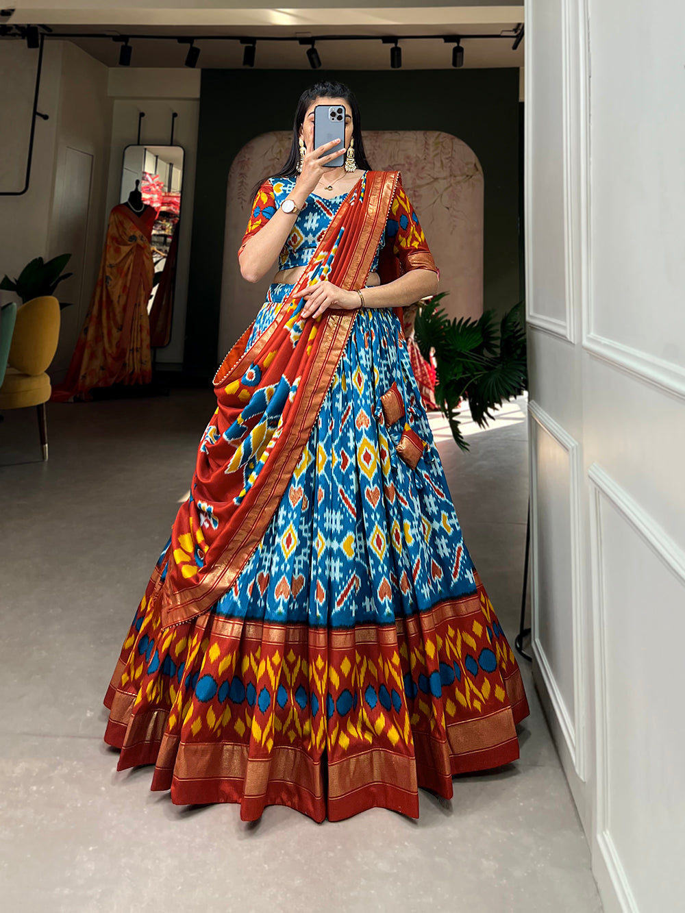 Firozi Color Patola Print With Foil Work Tussar Silk Lehnga Choli