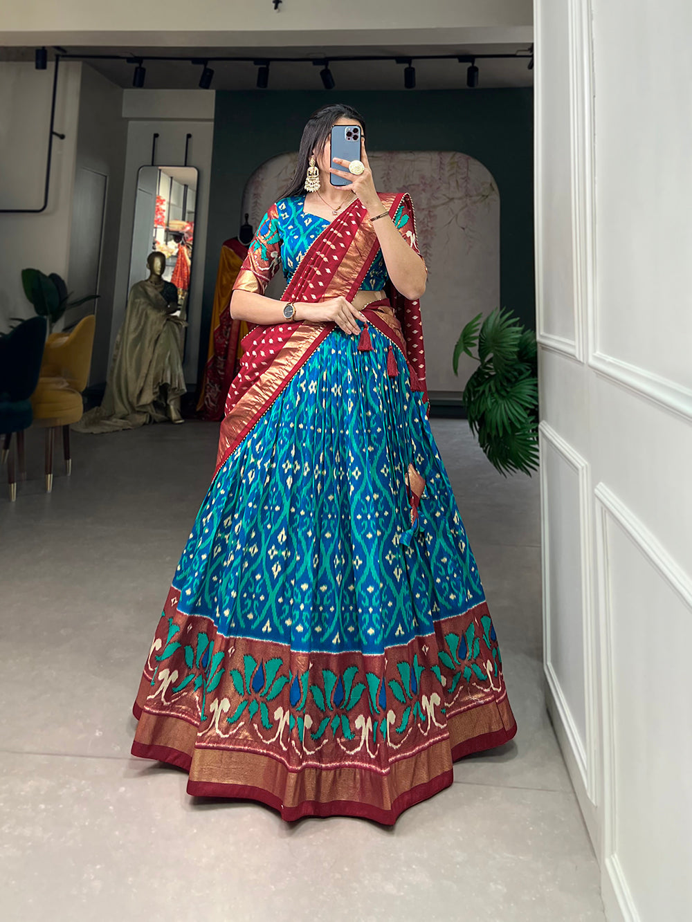 Firozi Color Printed With Foil Print Tussar Silk Traditional Lehenga Choli