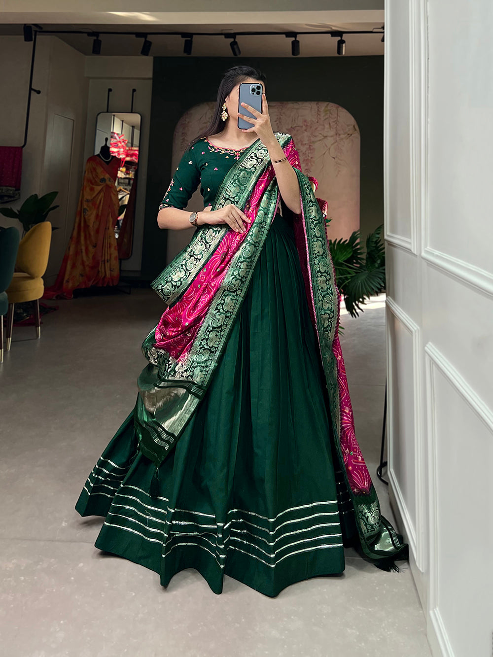 Green Color Plain With Gota Patti Touch Up Cotton Traditional Lehenga Choli