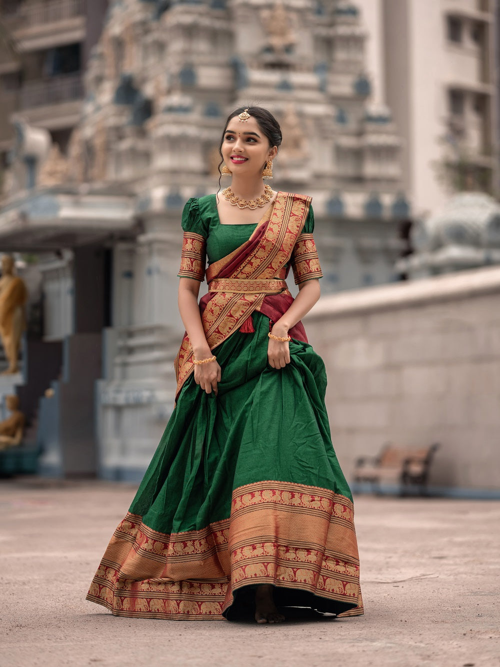 Green Color Zari Weaving Work Narayan Pet Cotton Half Saree Lehenga