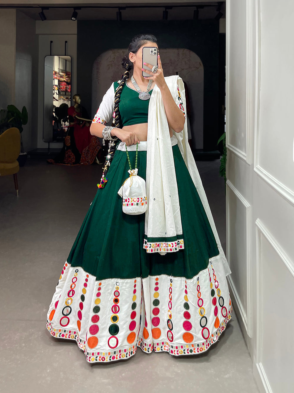 Green Color Embroidery Work With Original Mirror Work Cotton Lehenga Choli