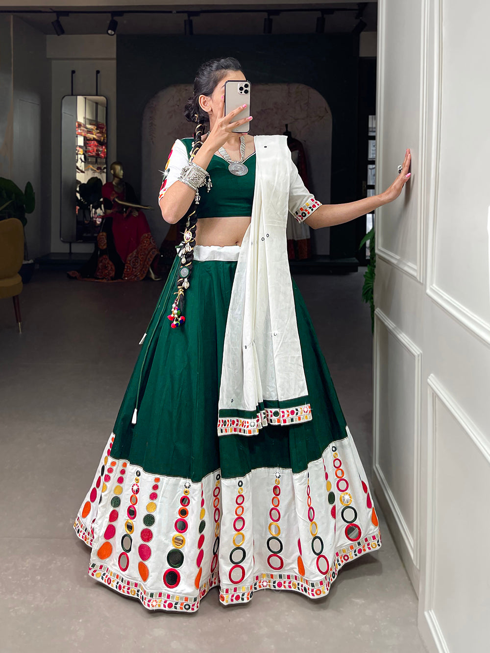 Green Color Embroidery Work With Original Mirror Work Cotton Lehenga Choli