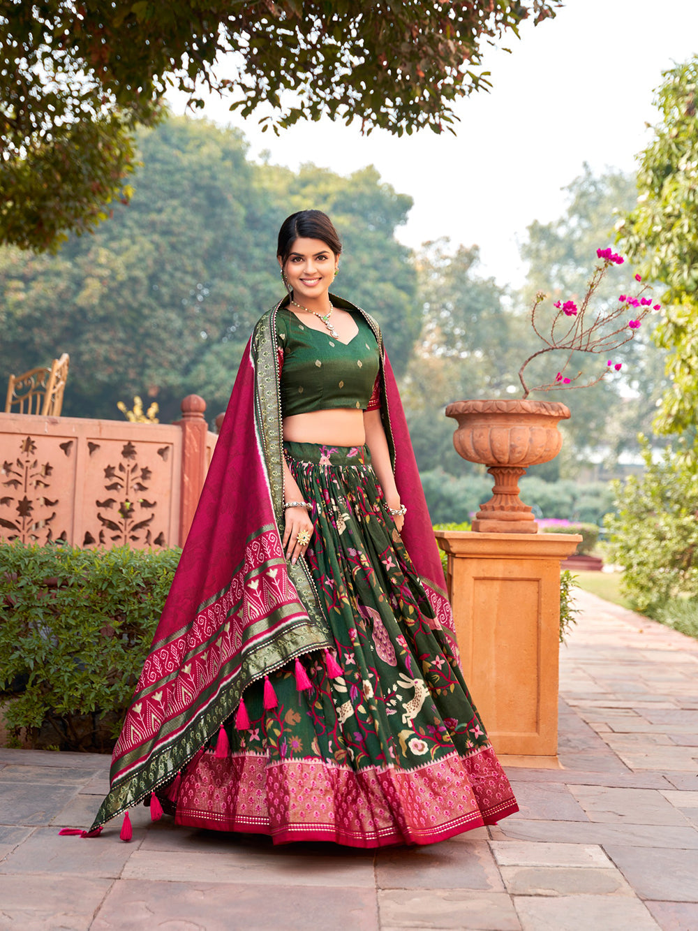 Green Color Minakari With Foil Print Tussar Silk Lehenga Choli