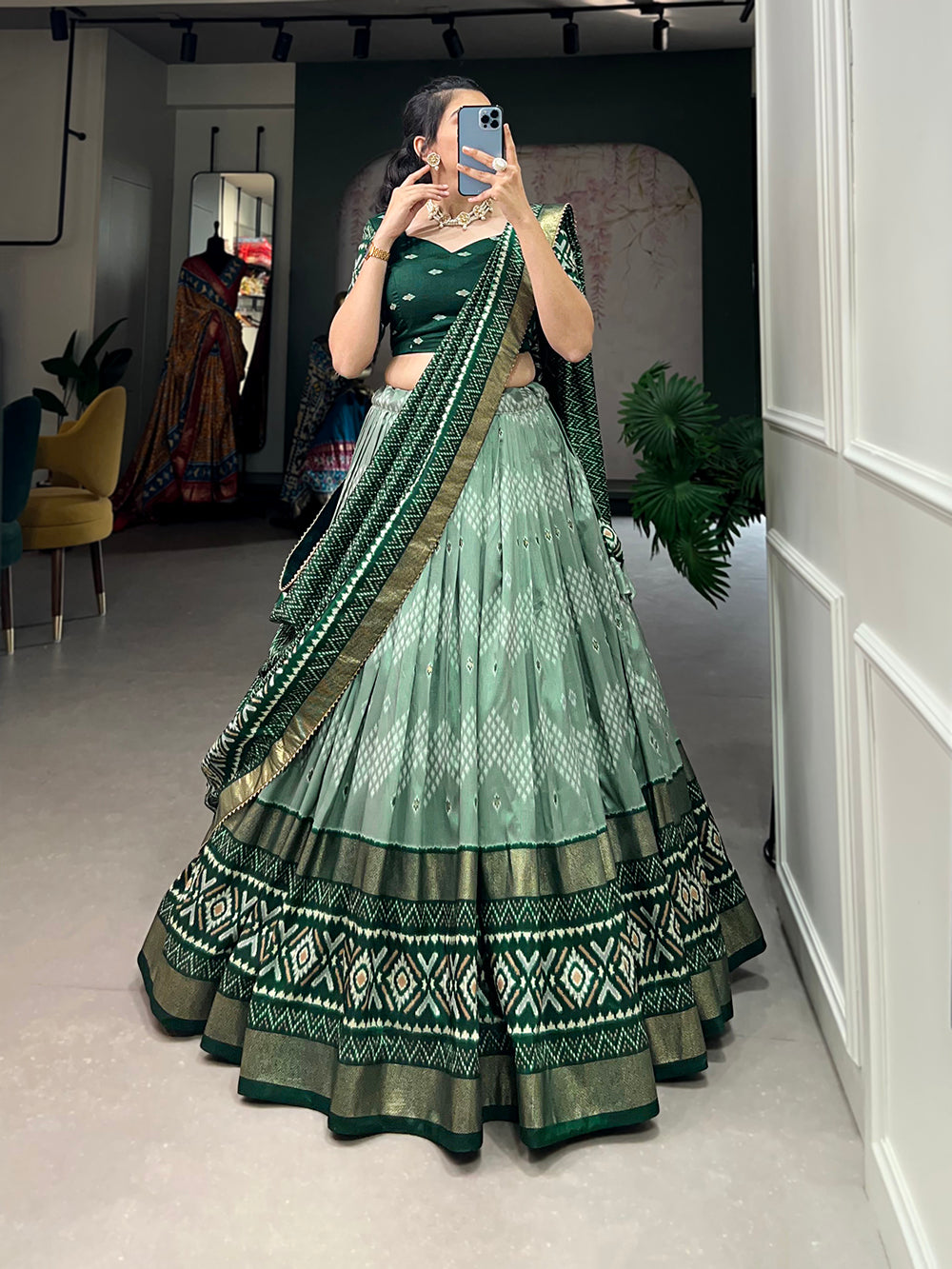 Green Color Dot And Ikkat Print With Foil Work Tussar Silk Lehenga Choli