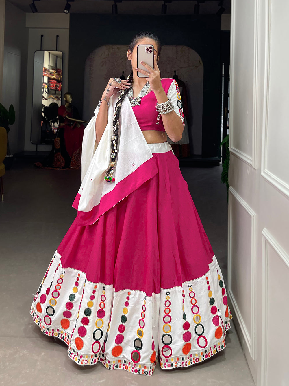 Pink Color Embroidery Work With Original Mirror Work Cotton Navratri Chaniya Choli