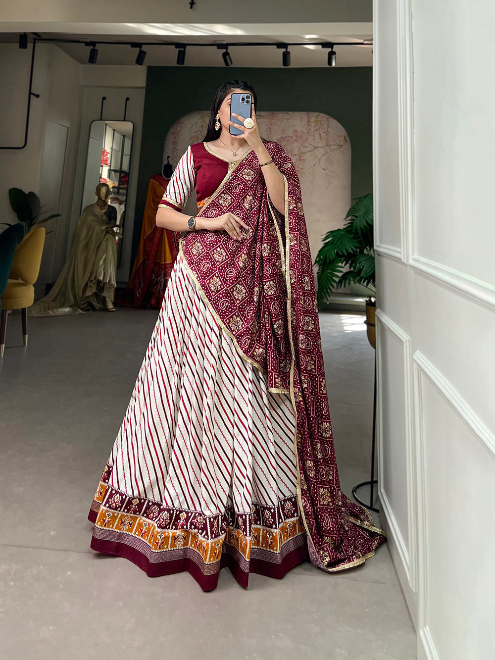 Wine Color Laheriya With Patola Print Cotton Lehenga Choli