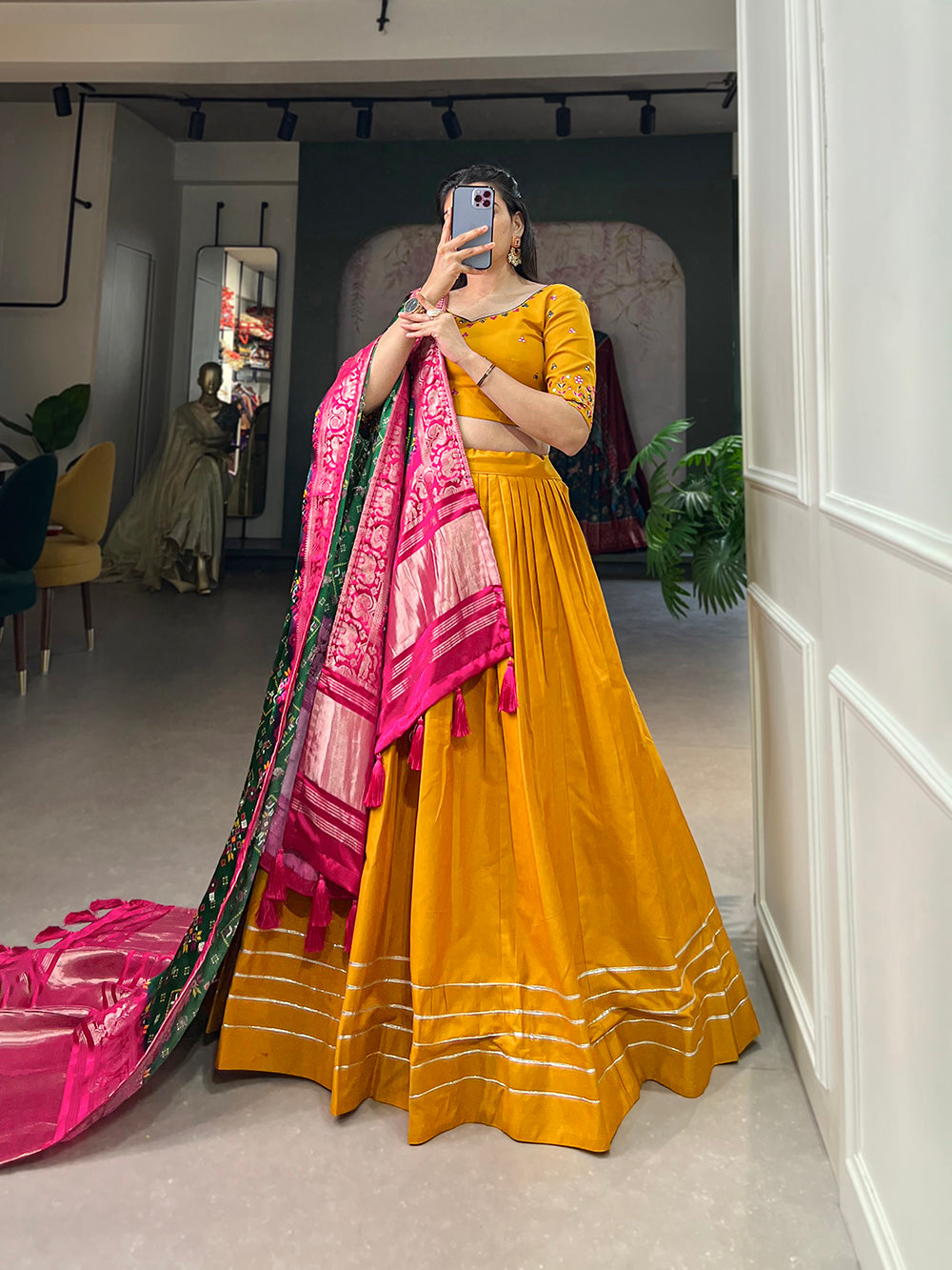 Mustard Color Plain With Gota Patti Touch Up Cotton Haldi Rasam Lehenga Choli