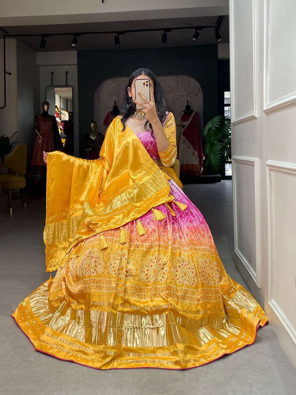 Yellow Color Bandhej Printed Gaji Silk Haldi Rasam Chaniya Choli