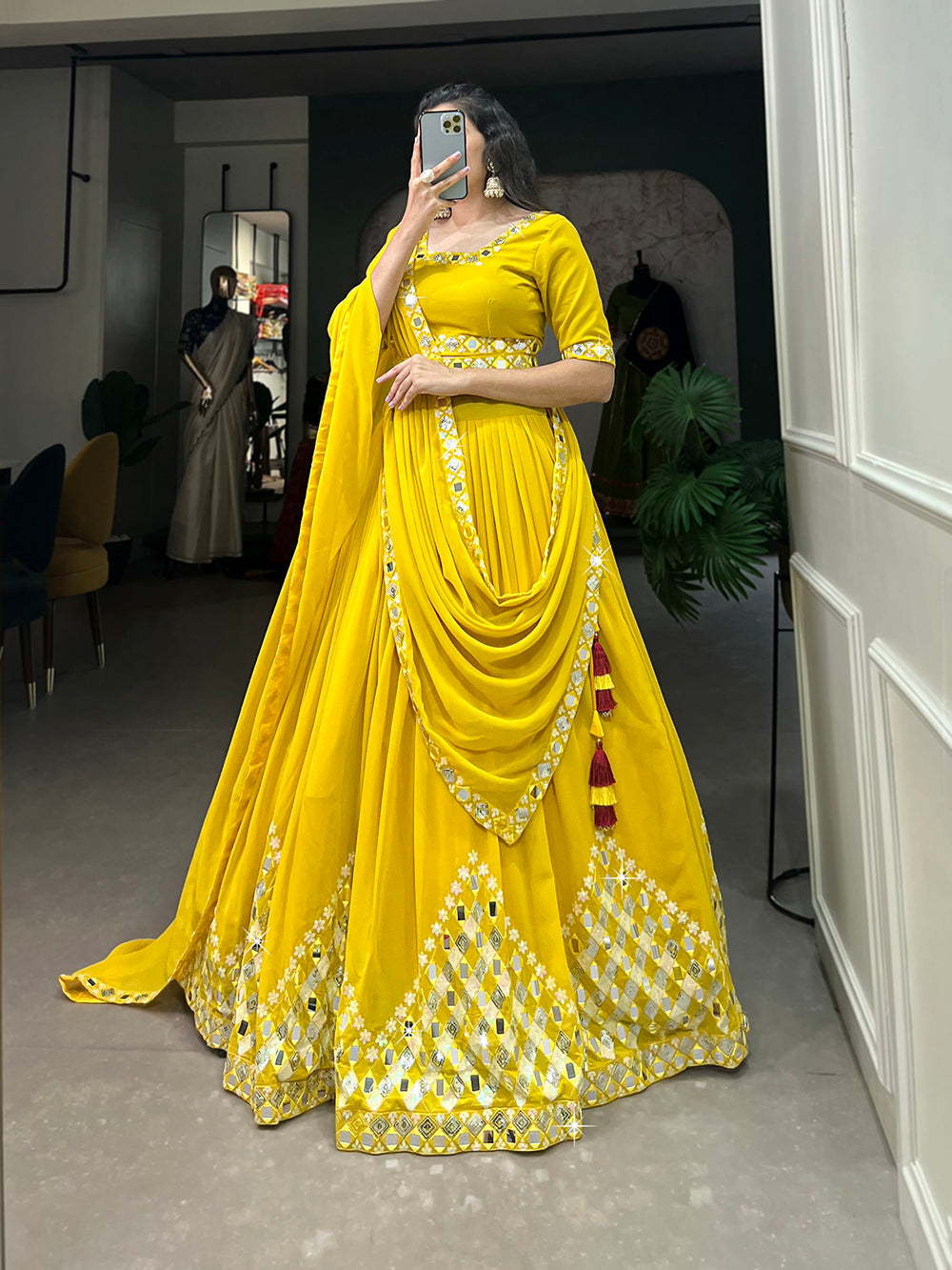 Yellow Color Sequins And Embroidery With Original Mirror Work Georgette Haldi Rasam Lehenga Choli
