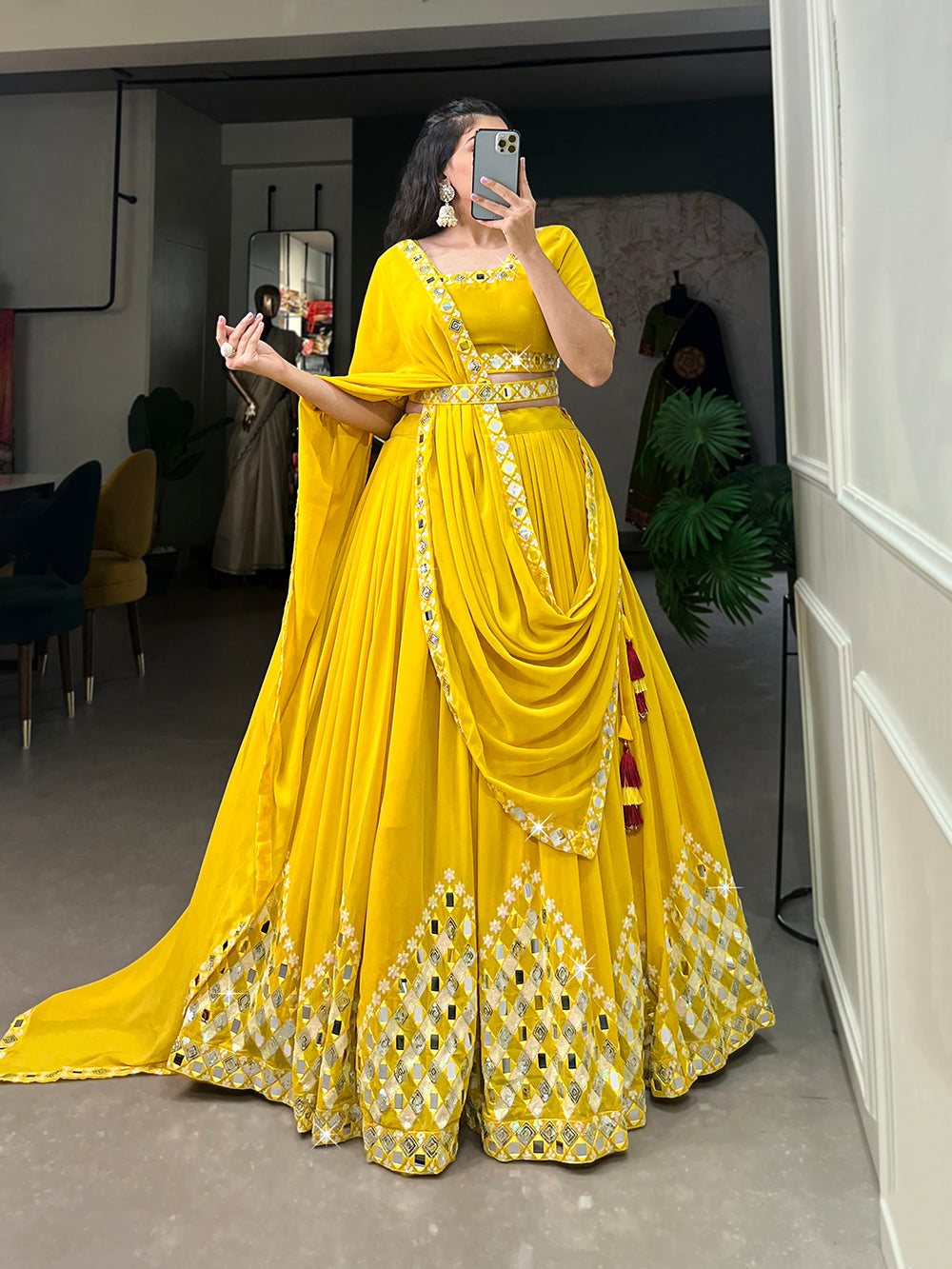 Yellow Color Sequins And Embroidery With Original Mirror Work Georgette Haldi Rasam Lehenga Choli
