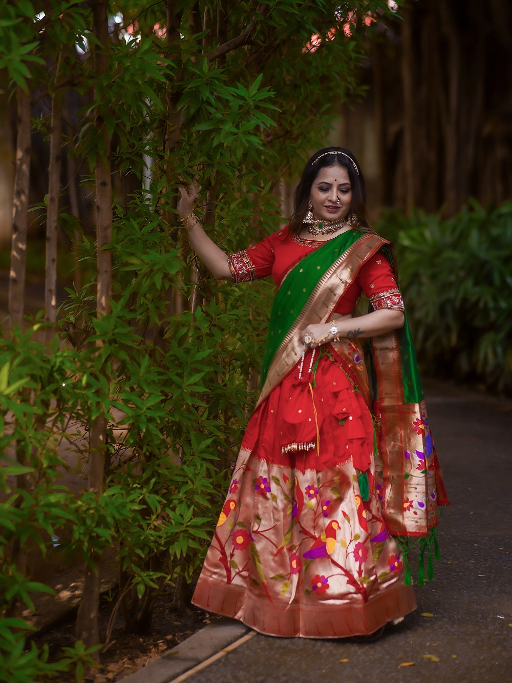 Red Color Weaving Zari Work Jacquard Pethani Lehenga Set