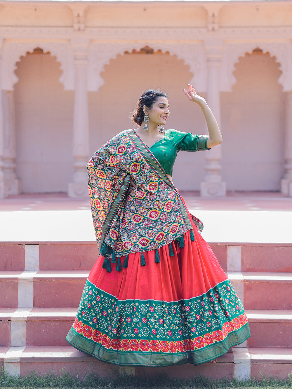 Red Color Printed With Foil Work Dola Silk Lehenga Choli