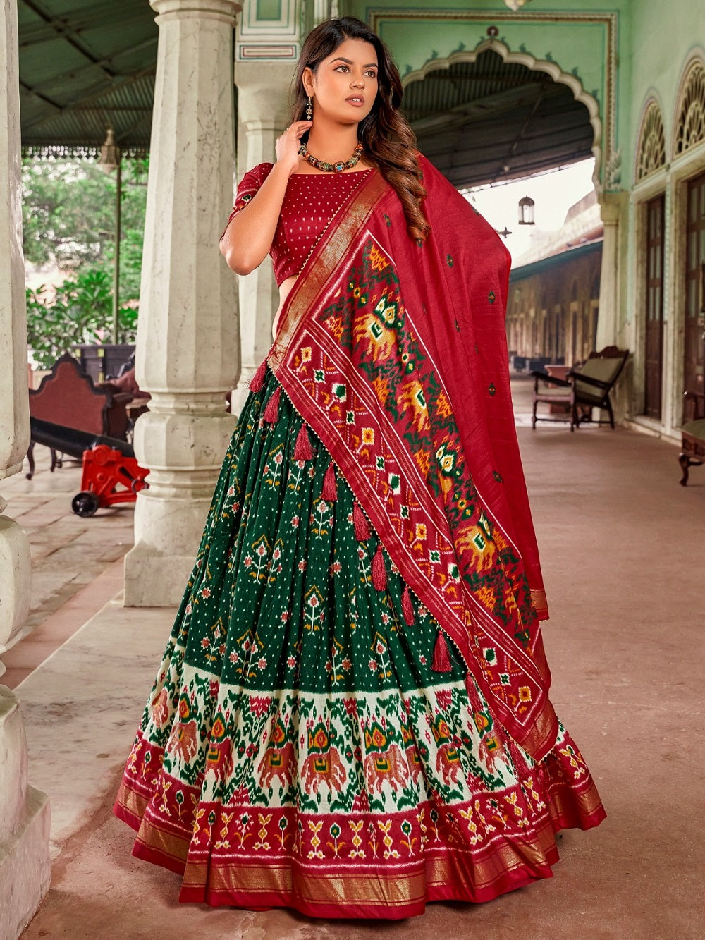 Green Color Patola Print With Foil Work Tussar Silk Lehenga Choli