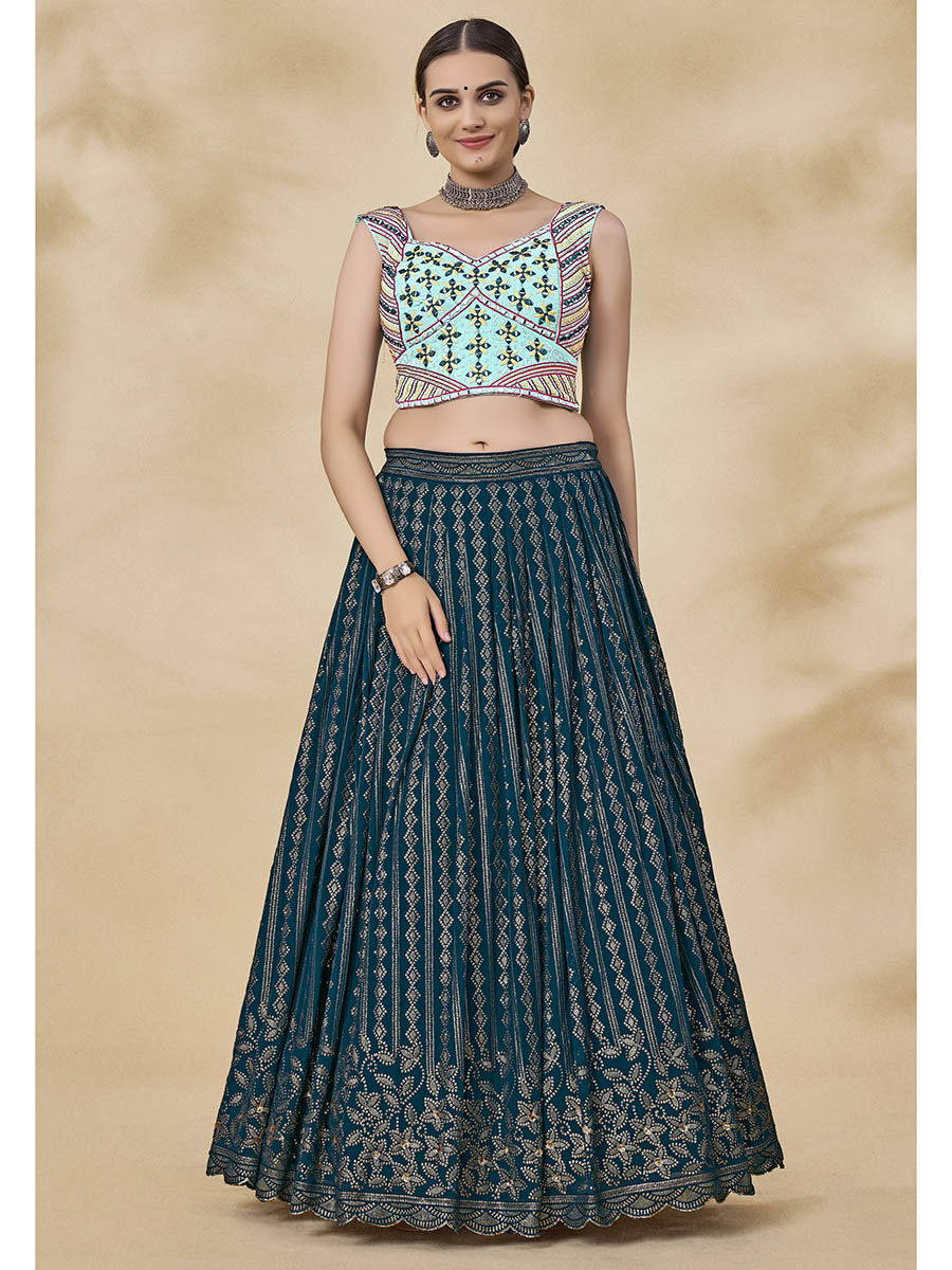 Teal Green Georgette Embroidered Designer Lehenga