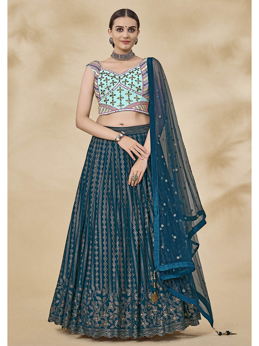 Teal Green Georgette Embroidered Designer Lehenga