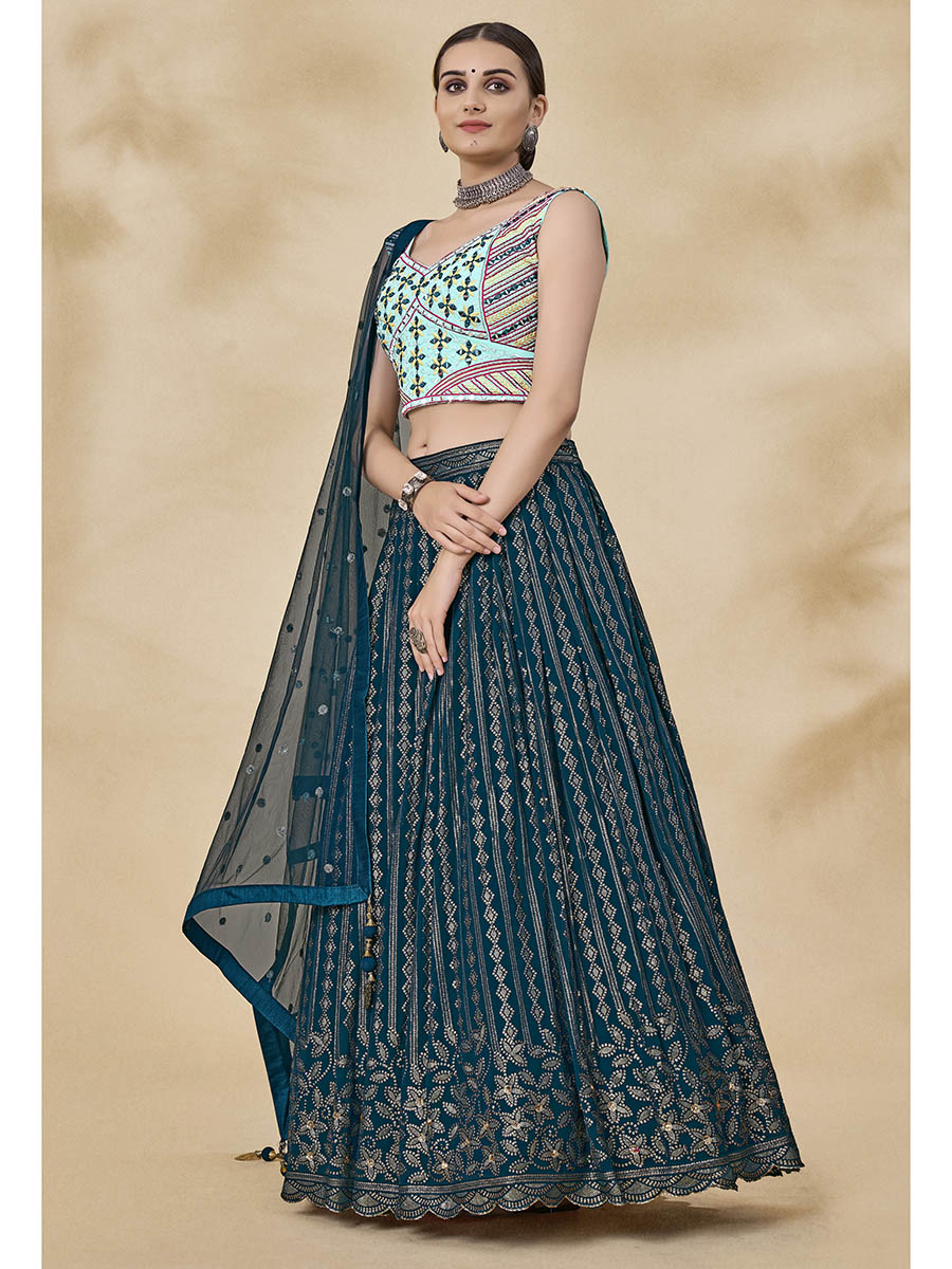 Teal Green Georgette Embroidered Designer Lehenga