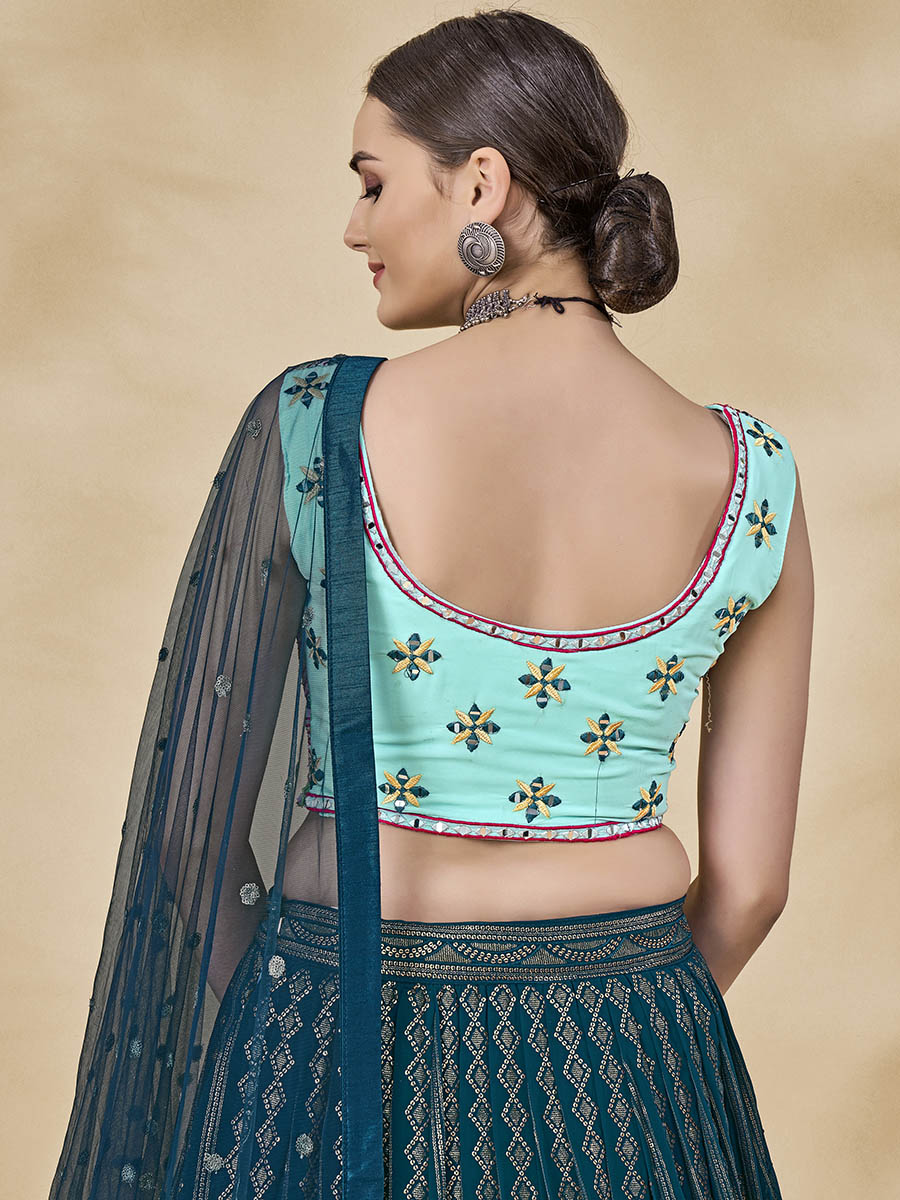 Teal Green Georgette Embroidered Designer Lehenga