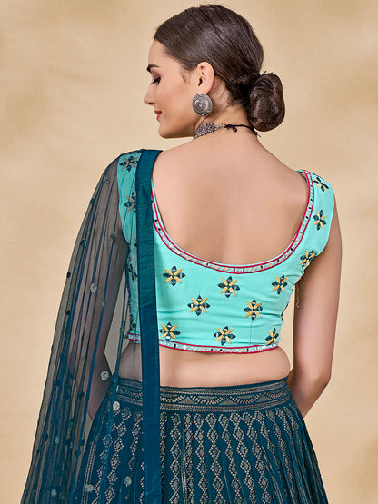 Teal Green Georgette Embroidered Designer Lehenga