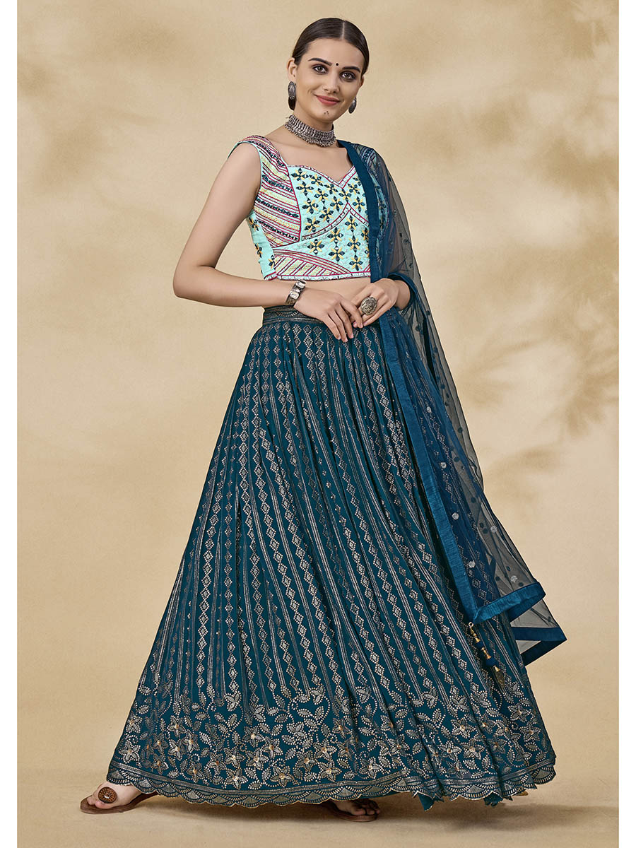 Teal Green Georgette Embroidered Designer Lehenga