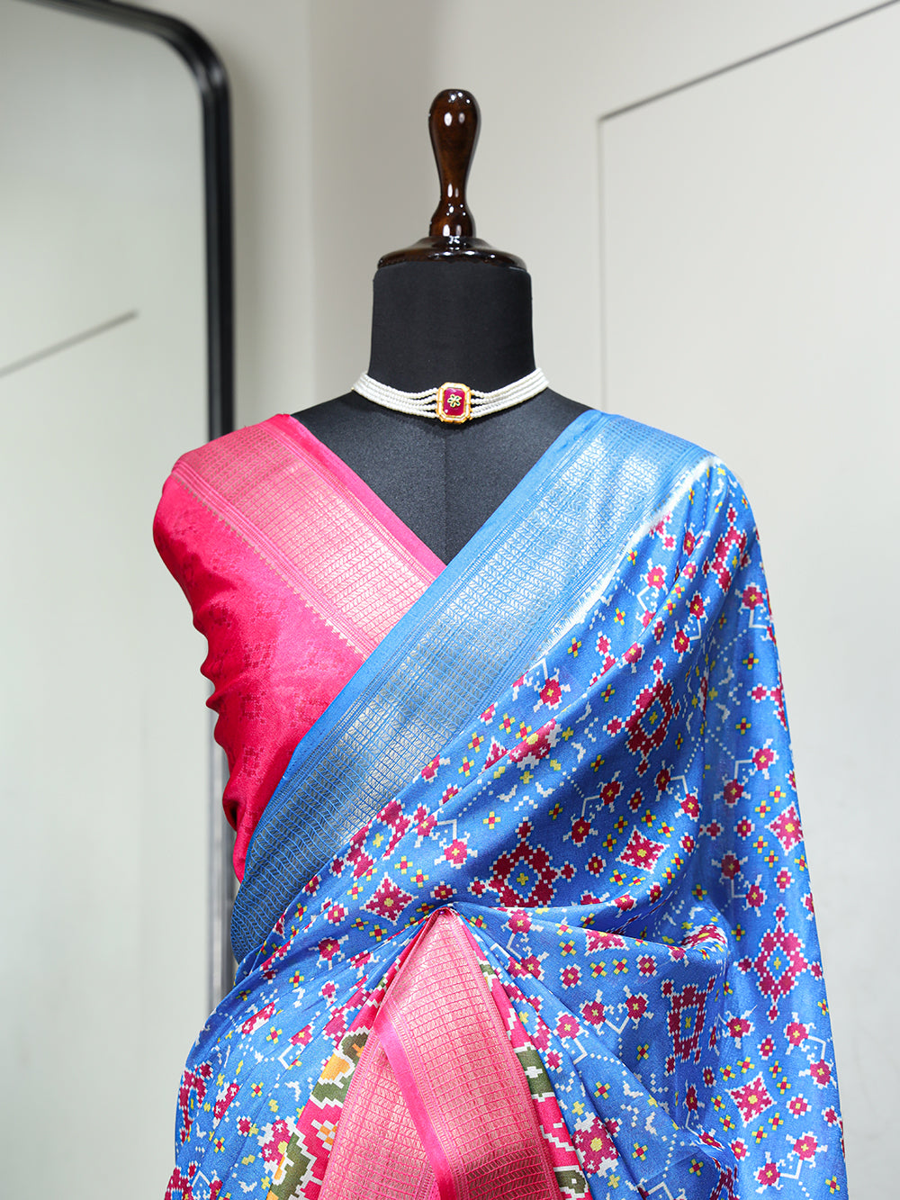 Sky Blue Color Digital Patola Printed Dola Silk Saree