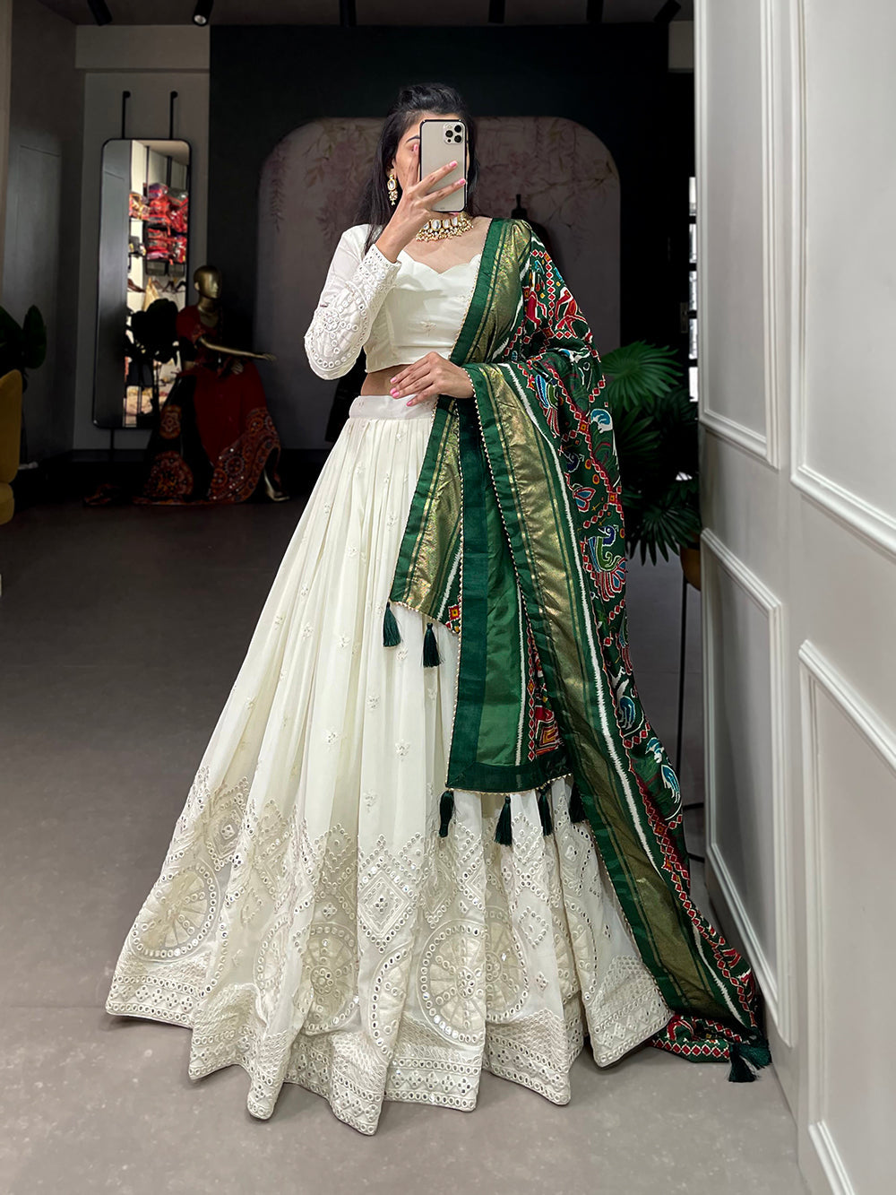 White Color Lucknowi Paper Mirror Work Georgette lehenga Choli