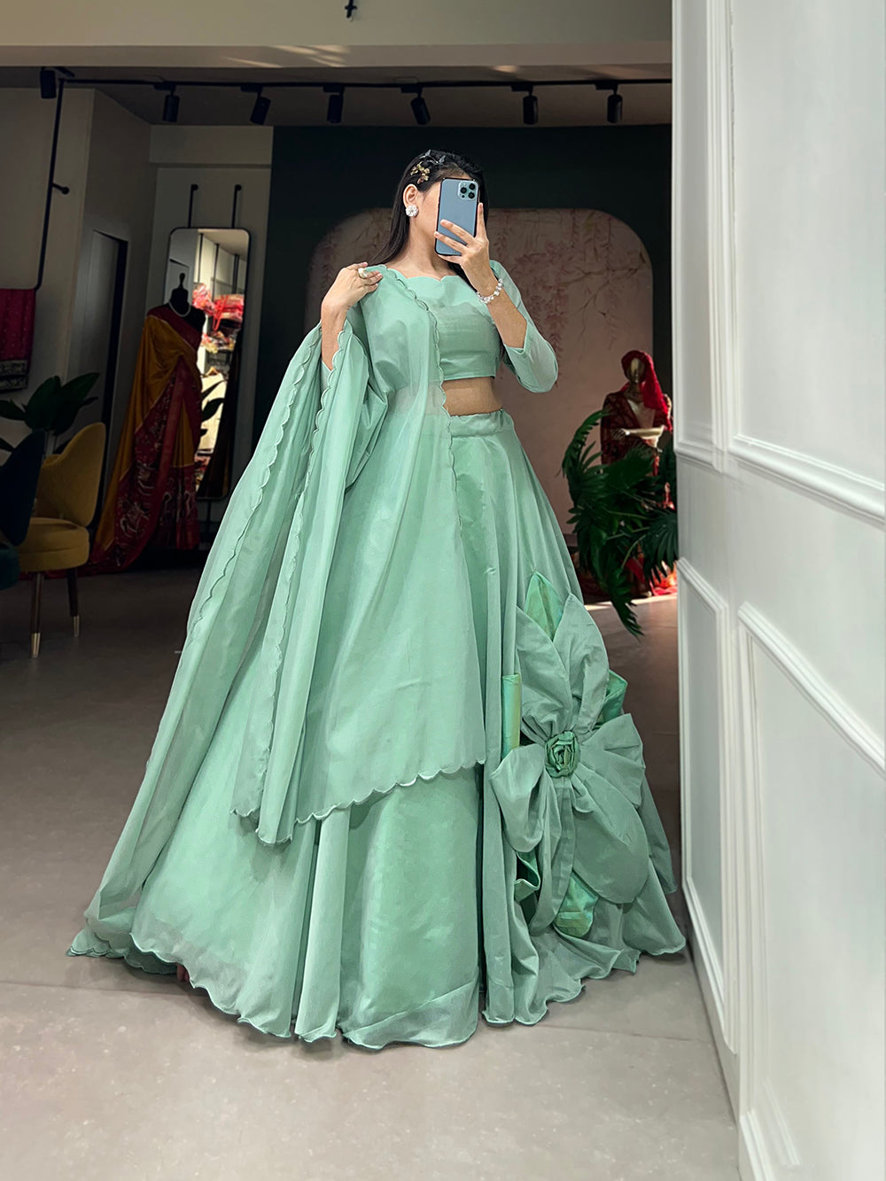 See Green Color Hand Made Flower Rajwadi Chanderi Silk Lehenga Choli