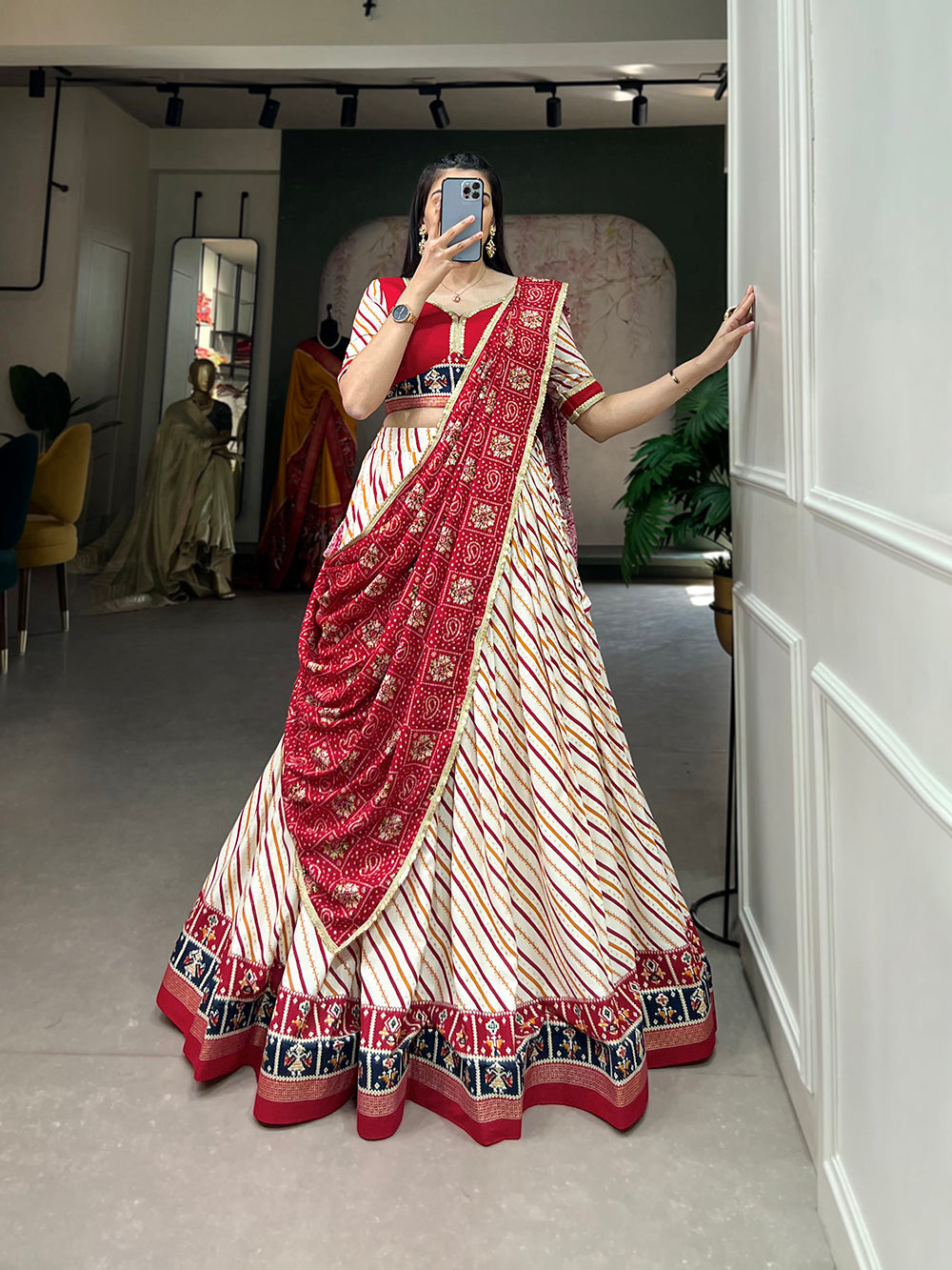 Red Color Laheriya With Patola Print Cotton Lehenga Choli