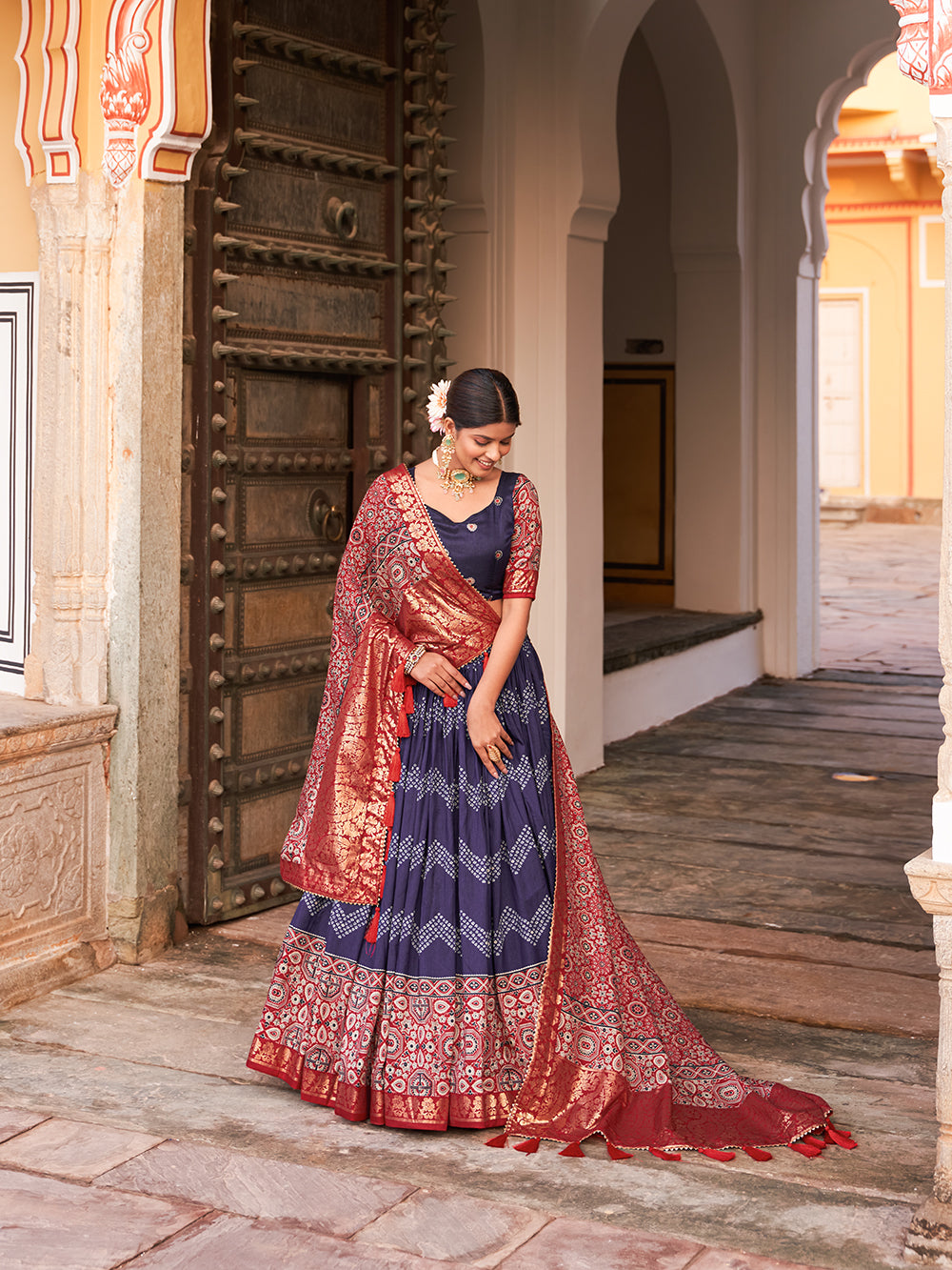 Navy Blue Color Dot And Ajrakh With Foil Work Tussar Silk Lehenga Choli